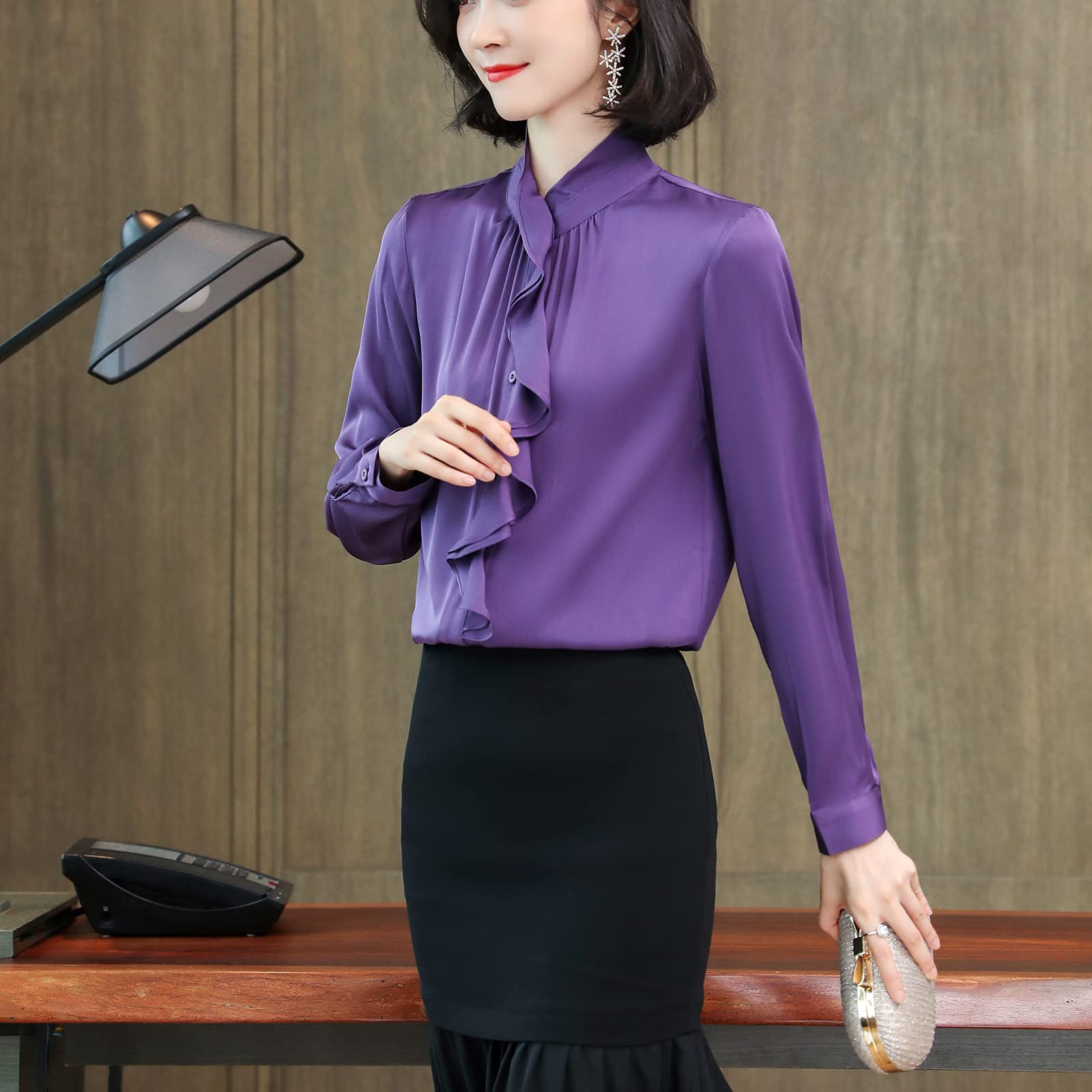 E-girl Blusa de seda para mujer, camisa de seda sólida, con botones, manga larga, cuello alto, blusa de seda, S3391