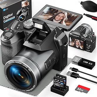 Digital Camera, 5K 64MP Cameras for Photography, 180° Flip Screen Camera with 16X Digital Zoom & WiFi Auto-Focus Vlogging Camera for YouTube with 32GB TF Card. Wide-Angle & Macro Lens Included S205-BK