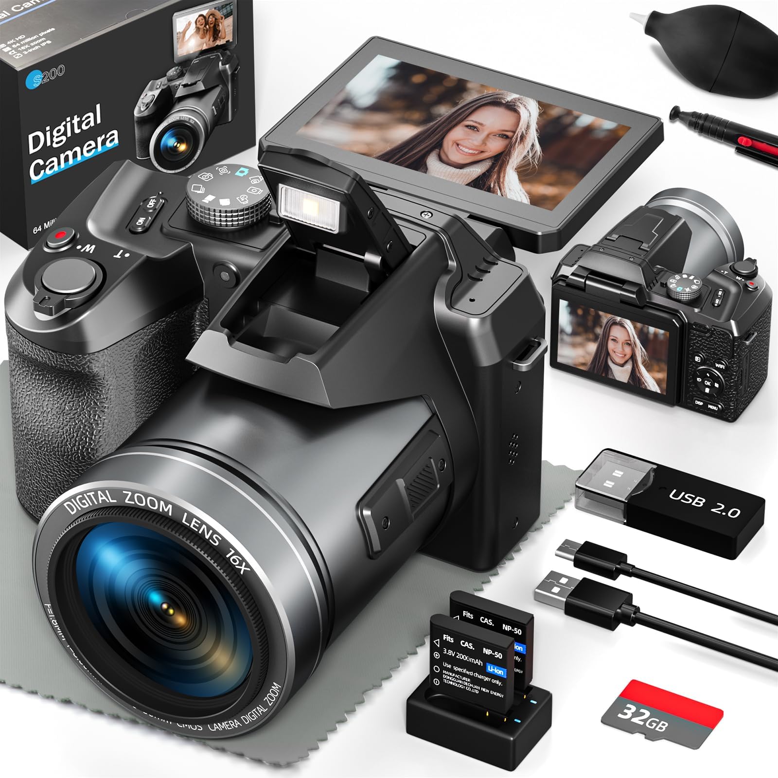 Digital Camera, 5K 64MP Cameras for Photography, 180° Flip Screen Camera with 16X Digital Zoom & WiFi Auto-Focus Vlogging Camera for YouTube with 32GB TF Card. Wide-Angle & Macro Lens Included S205-BK