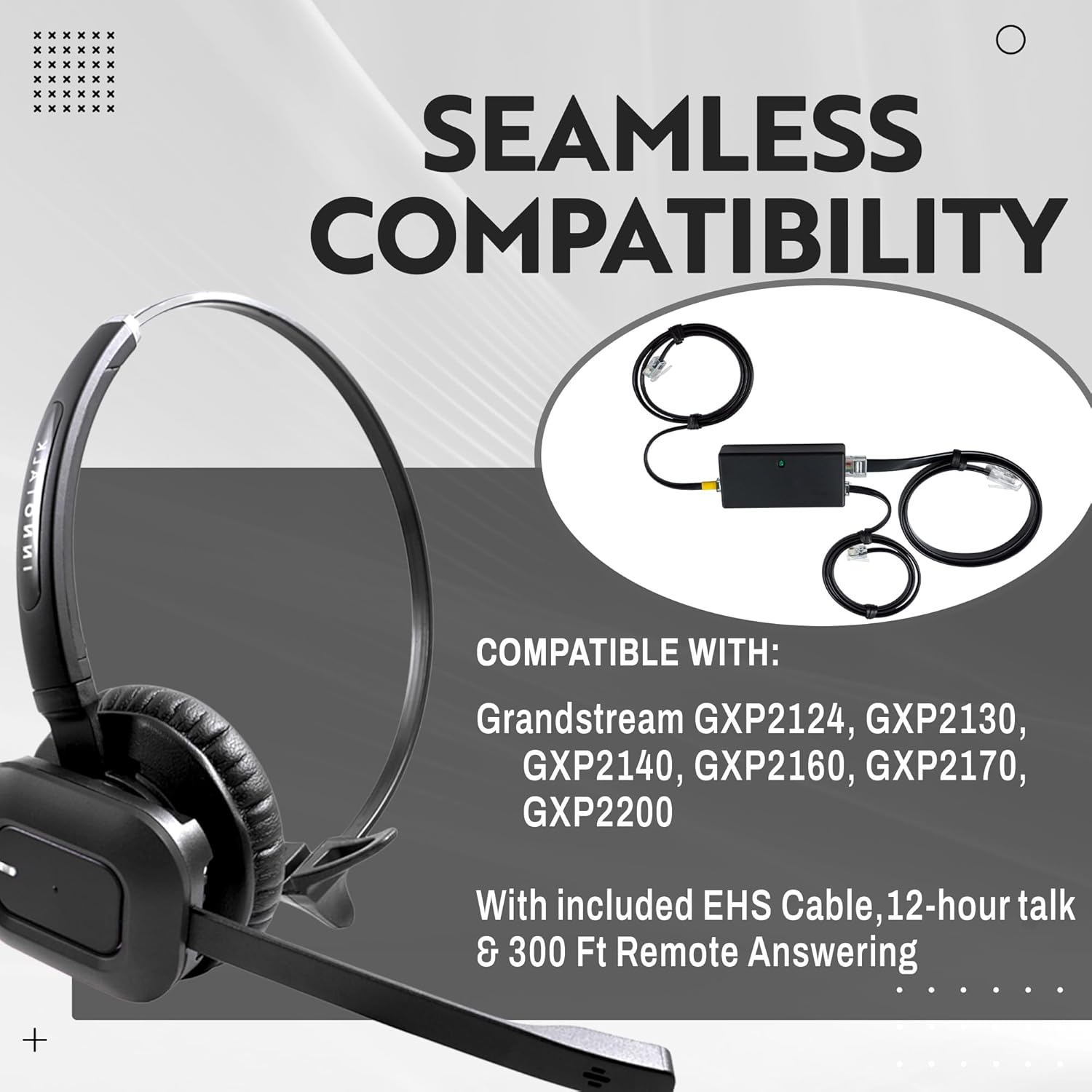INNOTALK Grandsteam Phone Wireless Headset, 12-Hour Talk 300 ft Mobility - Includes Remote Answering Device for Grandstream GXP2124, GXP2130, GXP2140, GXP2160, GXP2170, GXP2200 Desk Phone