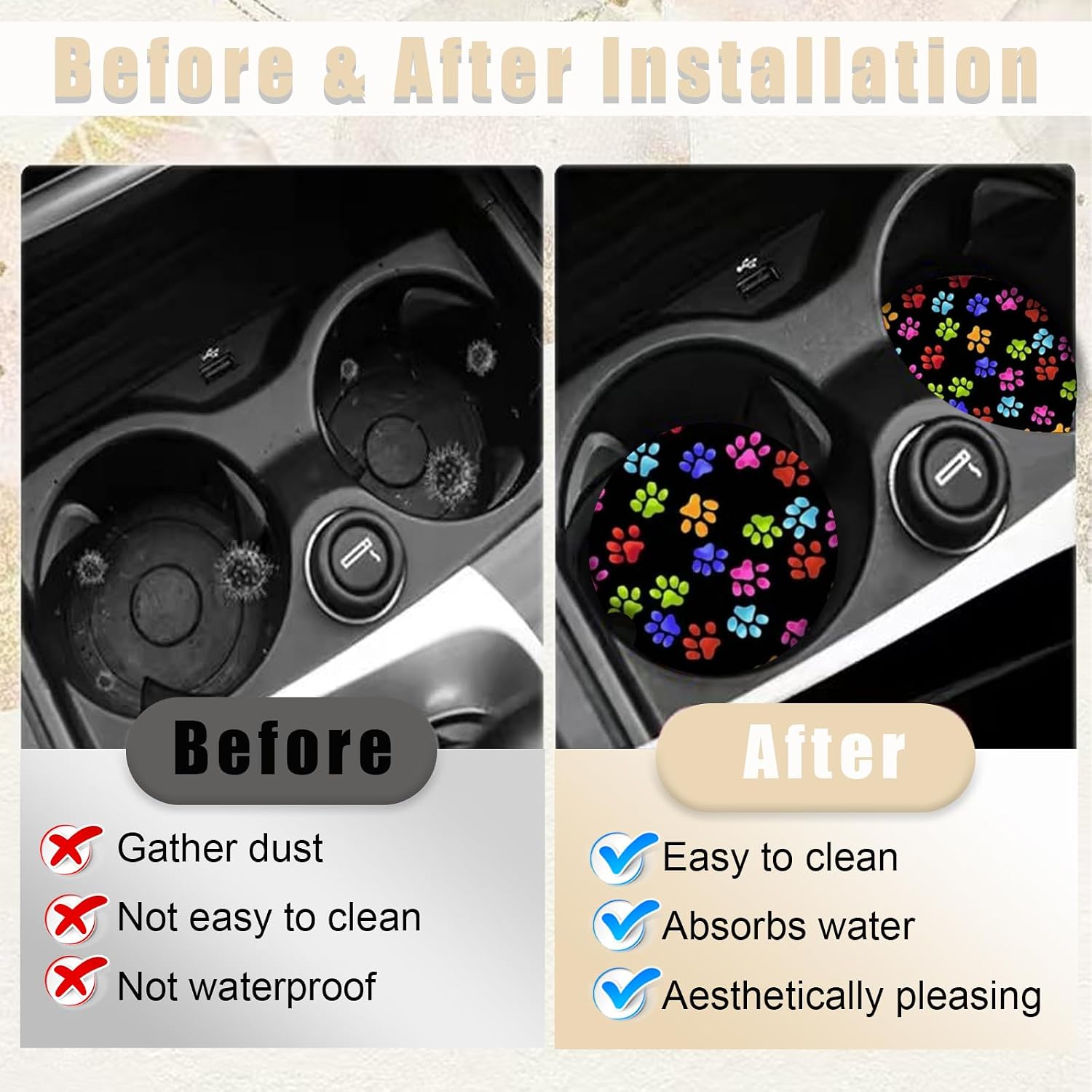 Cute Colorful Dog Paws Car Coasters for Cup Holder Absorbent Ceramic Car Cup Coaster 2 Pack Anti Slip Car Interior Accessories with Finger Notch Cork Base for Women Men image 4
