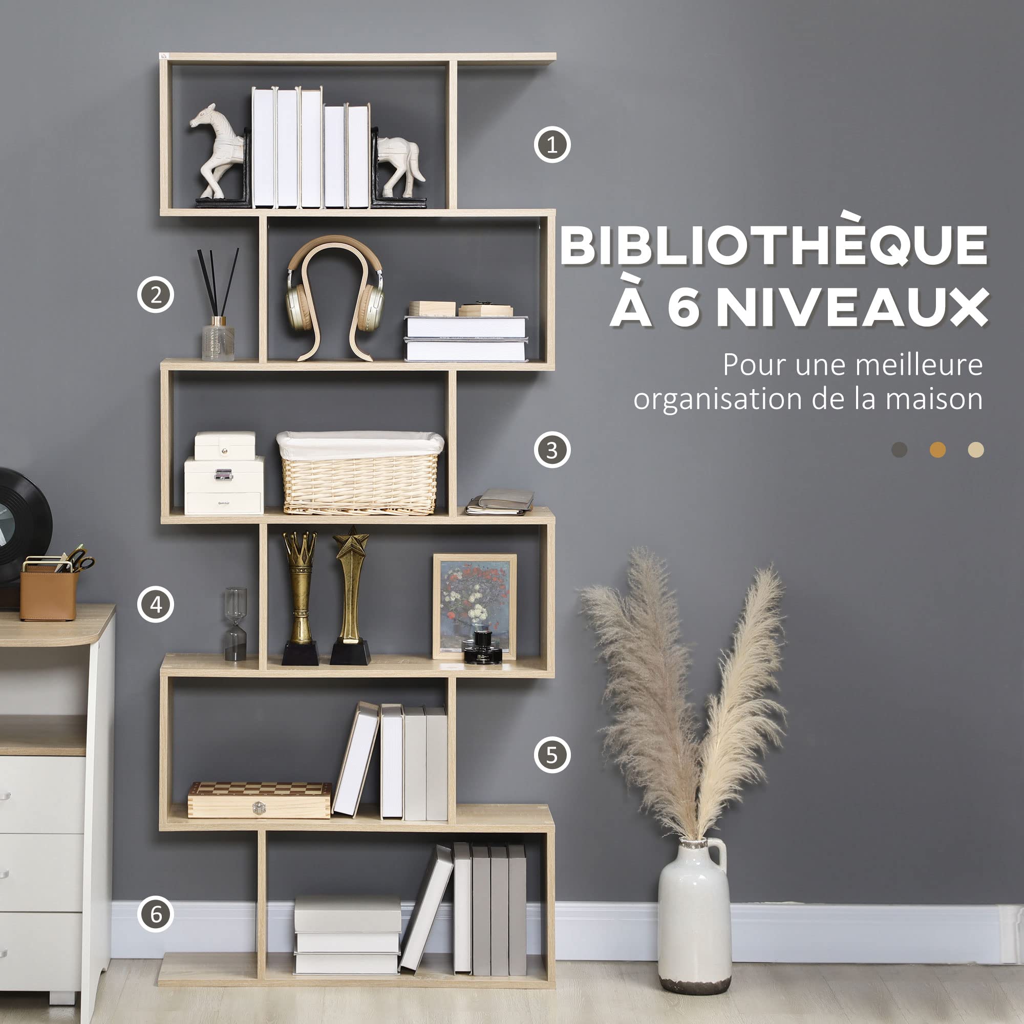 HOMCOM Bibliothèque Étagère Zig Zag 6 Niveaux 80Lx23lx192Hcm Chêne Clair | Design Contemporain