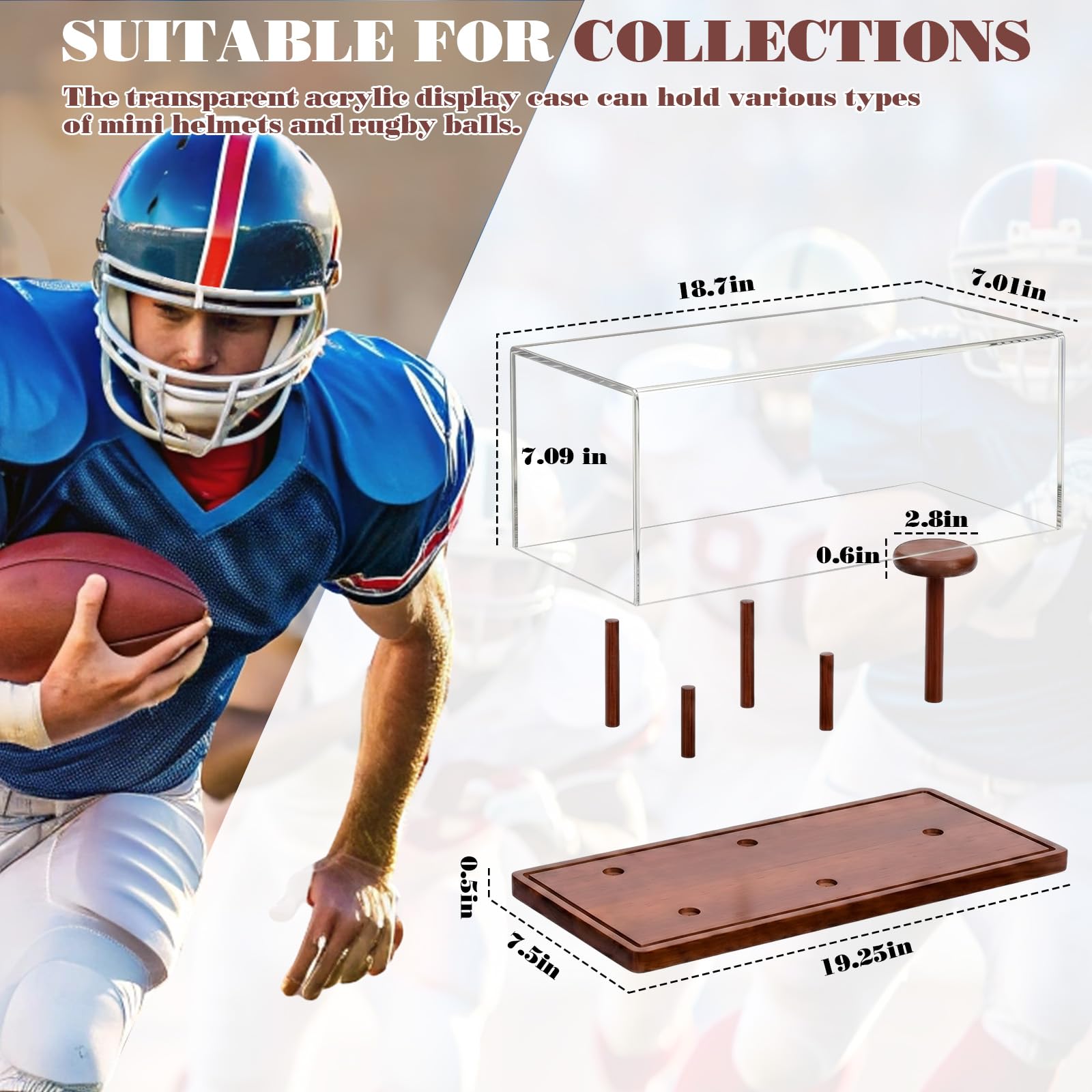 Taiyin Mini vitrina para casco de 18.4 x 6.7 x 6.9 pulgadas, caja transparente acrílica con base de madera con protección UV, no requiere montaje para recuerdos de fútbol de tamaño completo, diseño