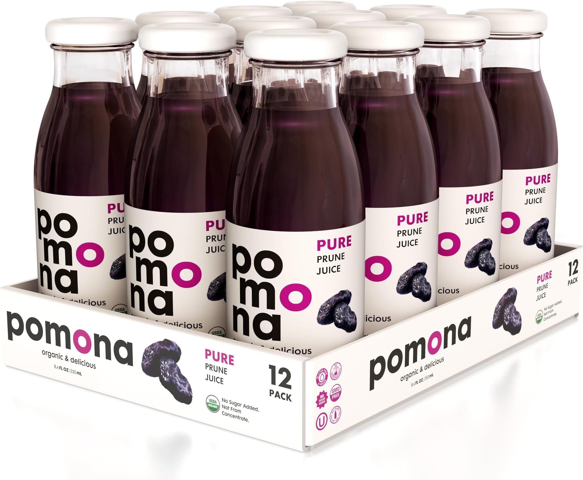 Pomona Organic Juices Pure Prune Juice, 8.4 Ounce Bottle (Pack of 12), Cold Pressed Organic Juice, Non-GMO, No Sugar Added, Not from Concentrate, Gluten Free, Kosher Certified, Preservative Free