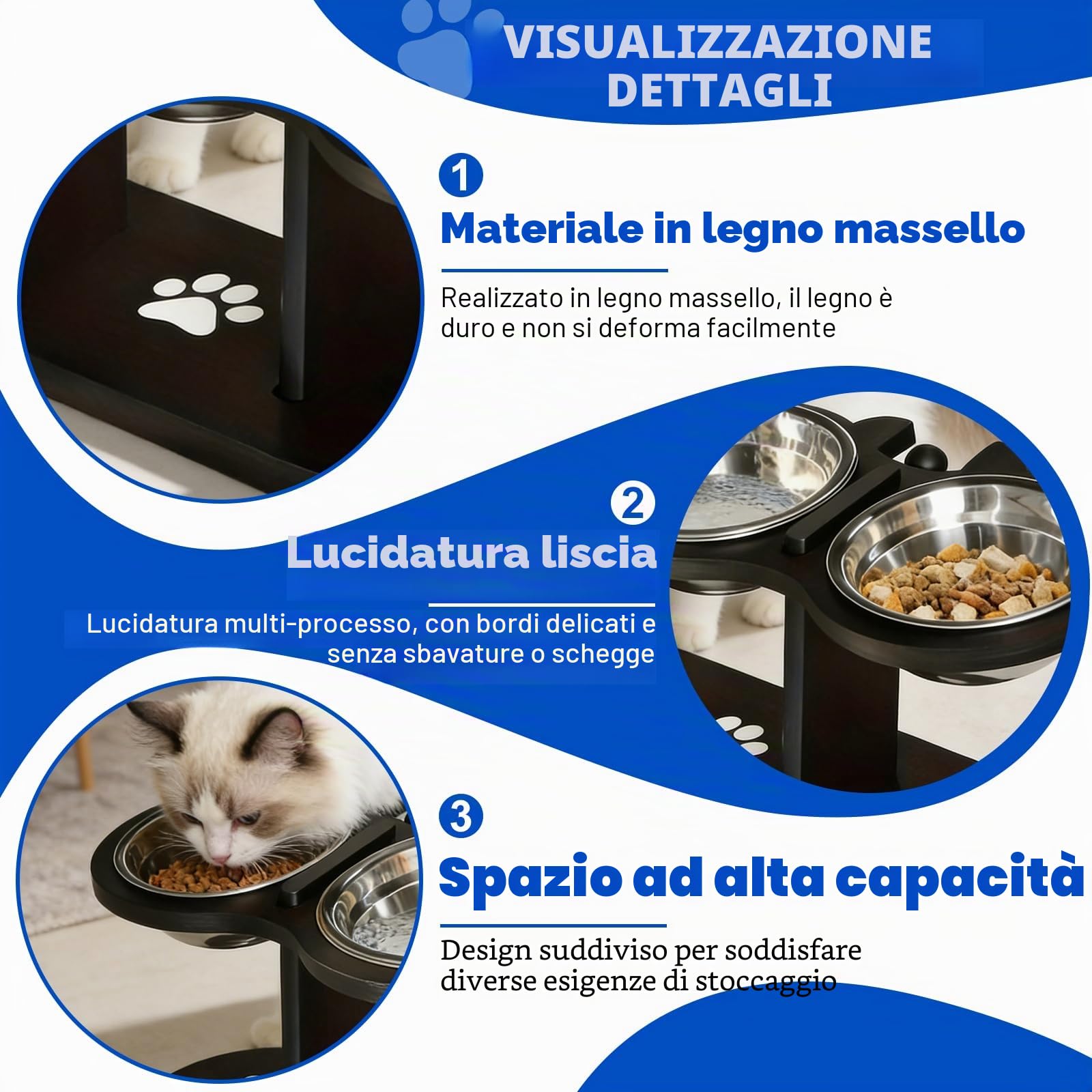 Ciotola per gatti rialzata, stazione di alimentazione con 3 ciotole in acciaio inox e supporto in legno, ciotola per gatti, inclinabile a 15°, ciotola per gatti in legno 3-in-1, stazione di