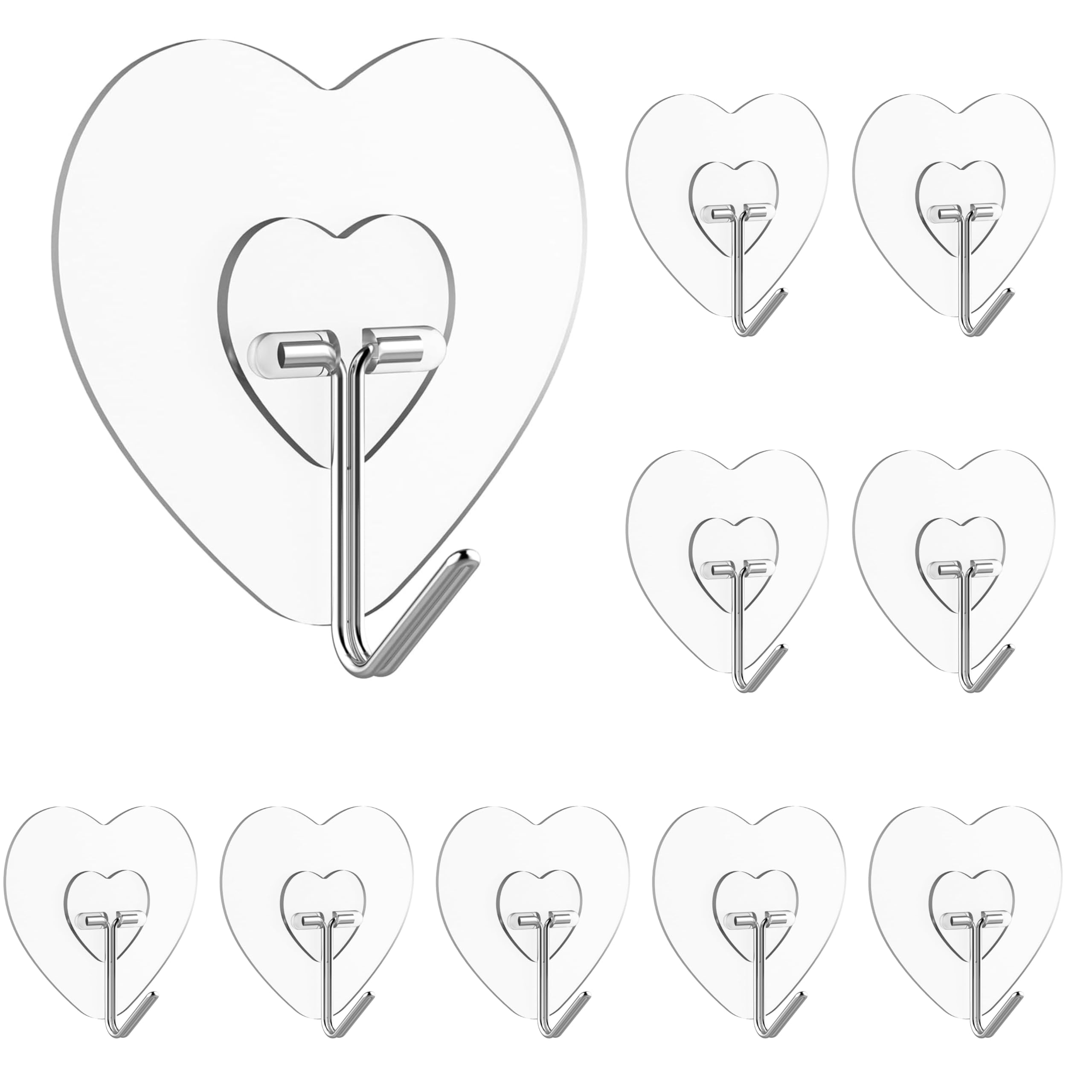 JIALTO Plastic 10 Pcs Love Shape Wall Hanging Hooks for Without Drilling, Self Adhesive Hooks for Wall Heavy Duty Strong Nail Free, Kitchen Accessories Items, Transparent