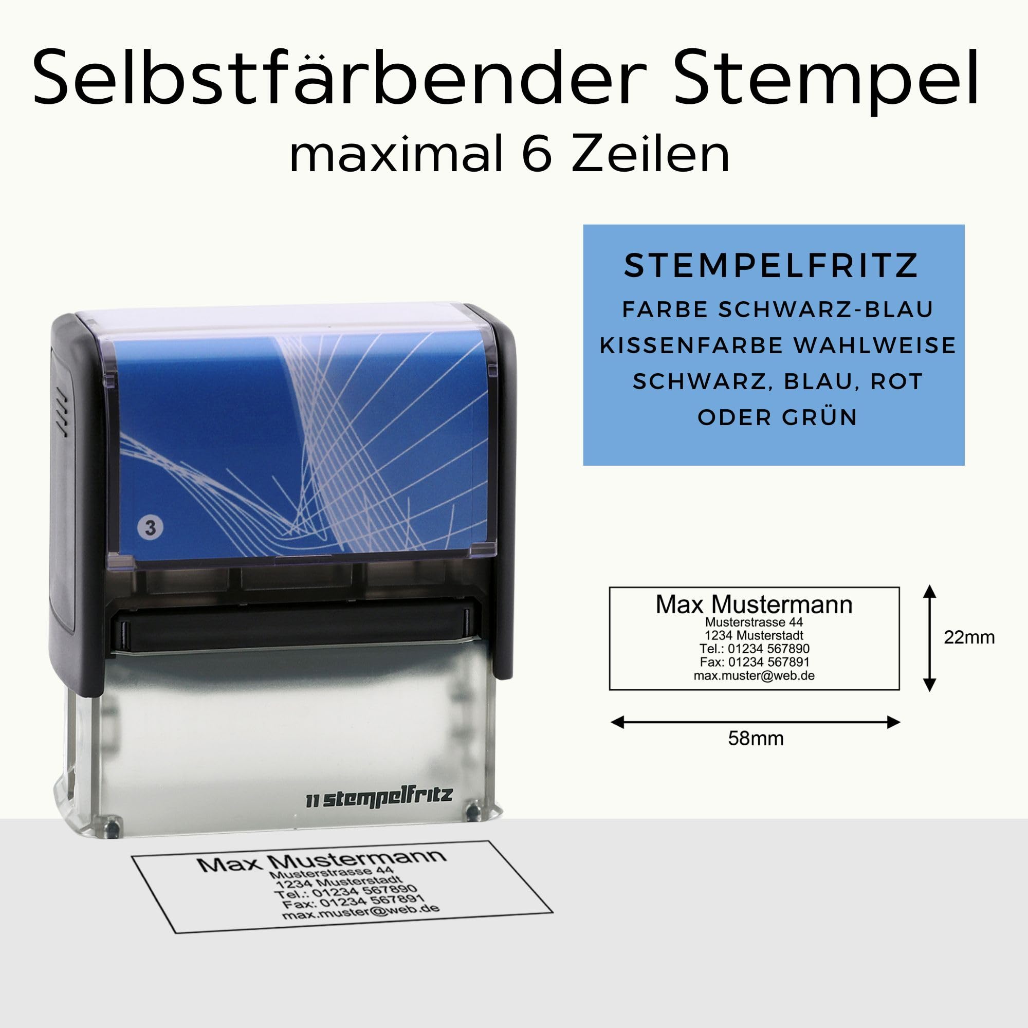 Personalisierter Stempel stempelfritz Gr.3 direkt hier Erstellen – selbstfärbender Firmenstempel, Adressstempel, Namensstempel oder Lehrerstempel – Gehäuse Schwarz-Blau, 58x22mm, max. 6 Zeilen