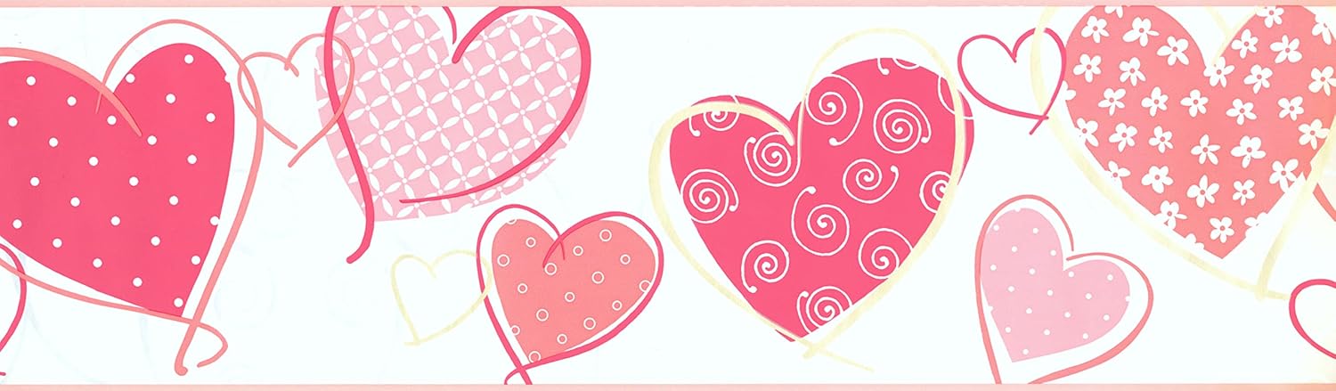 York Wallcoverings Growing Up Kids Heart Removable Wallpaper Border, White, Pink, Coral, Gold, Pearl