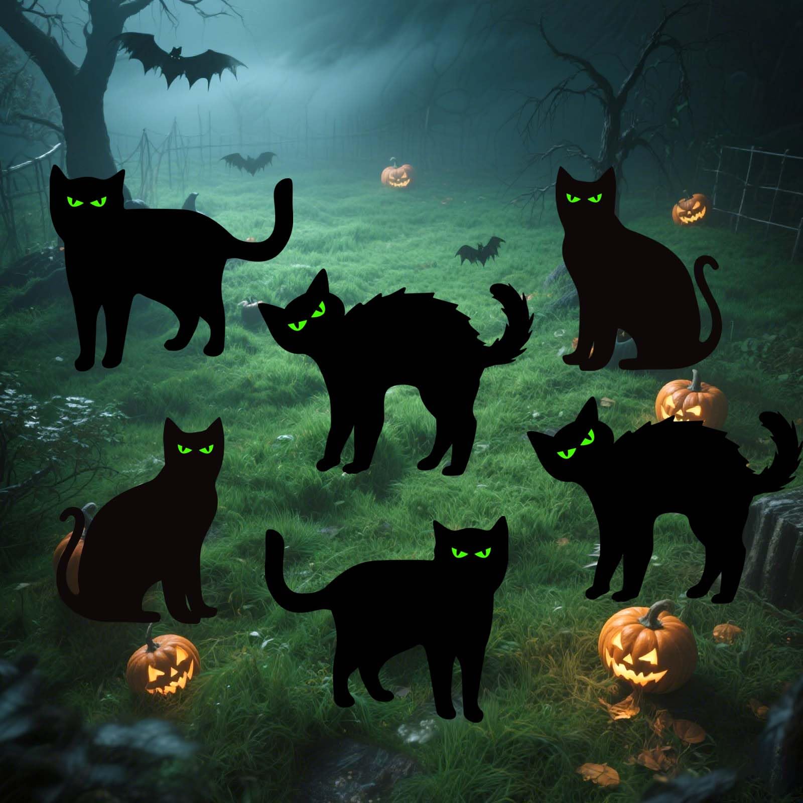 Dekoracje na Halloween, 6 szt., czarne znaki stoczni kota z palikami, przerażająca sylwetka ze świecącymi oczami, na podwórko na zewnątrz, wodoodporny, trawnik, ogród, dekoracja na Halloween