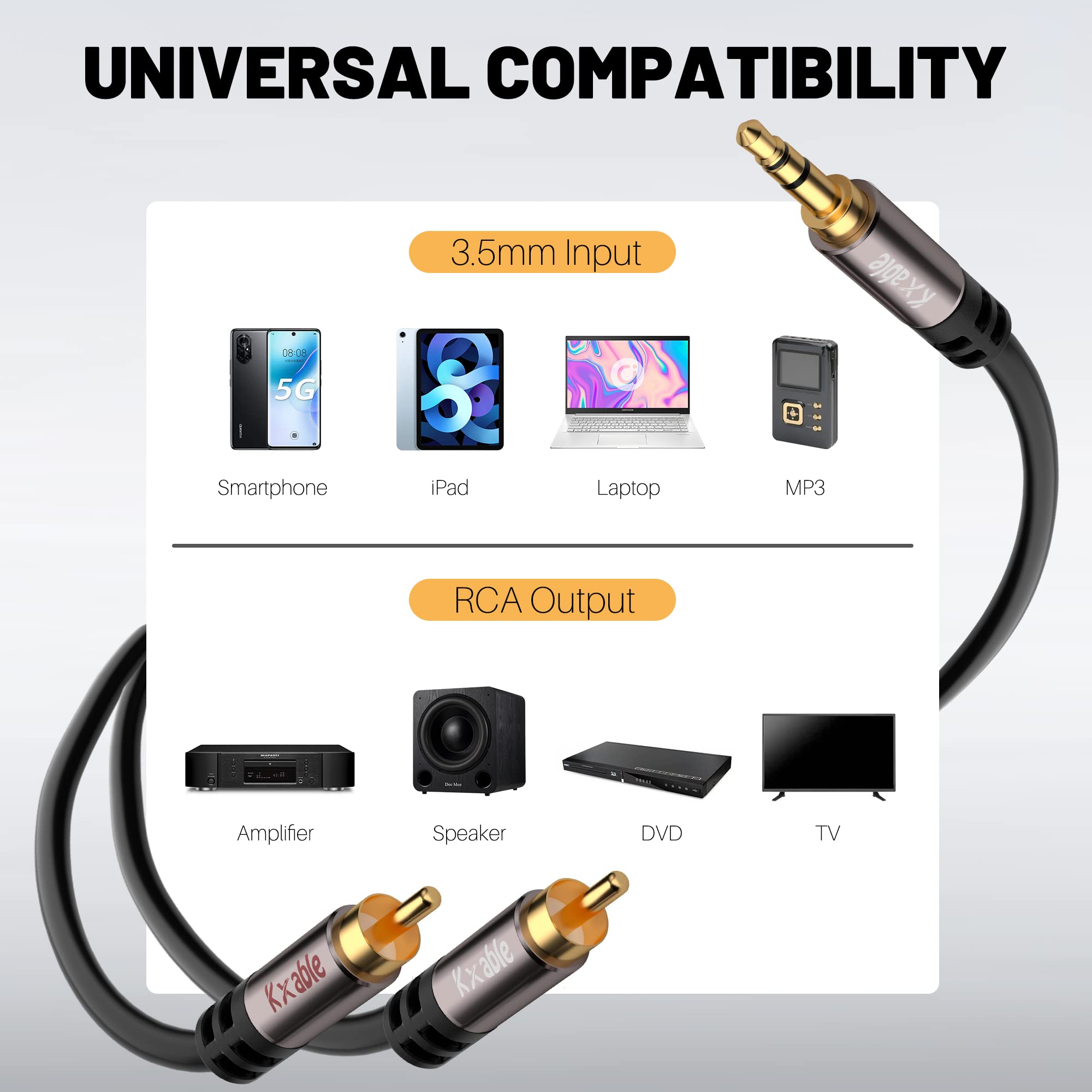 Cavo da 3,5 mm a RCA 6,3 m, 2 adattatori audio stereo RCA maschio a AUX, cavo splitter RCA ausiliario Hi-Fi, cavo schermato da 1/8 a 2RCA per cuffie, MP3, tablet, altoparlanti, HDTV, telefono e altro