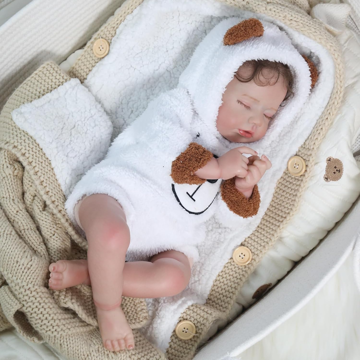 Realistic Reborn Baby Doll - 20 Inch Lifelike Reborn Baby Boy with Rooted Hair in Bear Onesie, Handmade Gift for Kids and Collectors