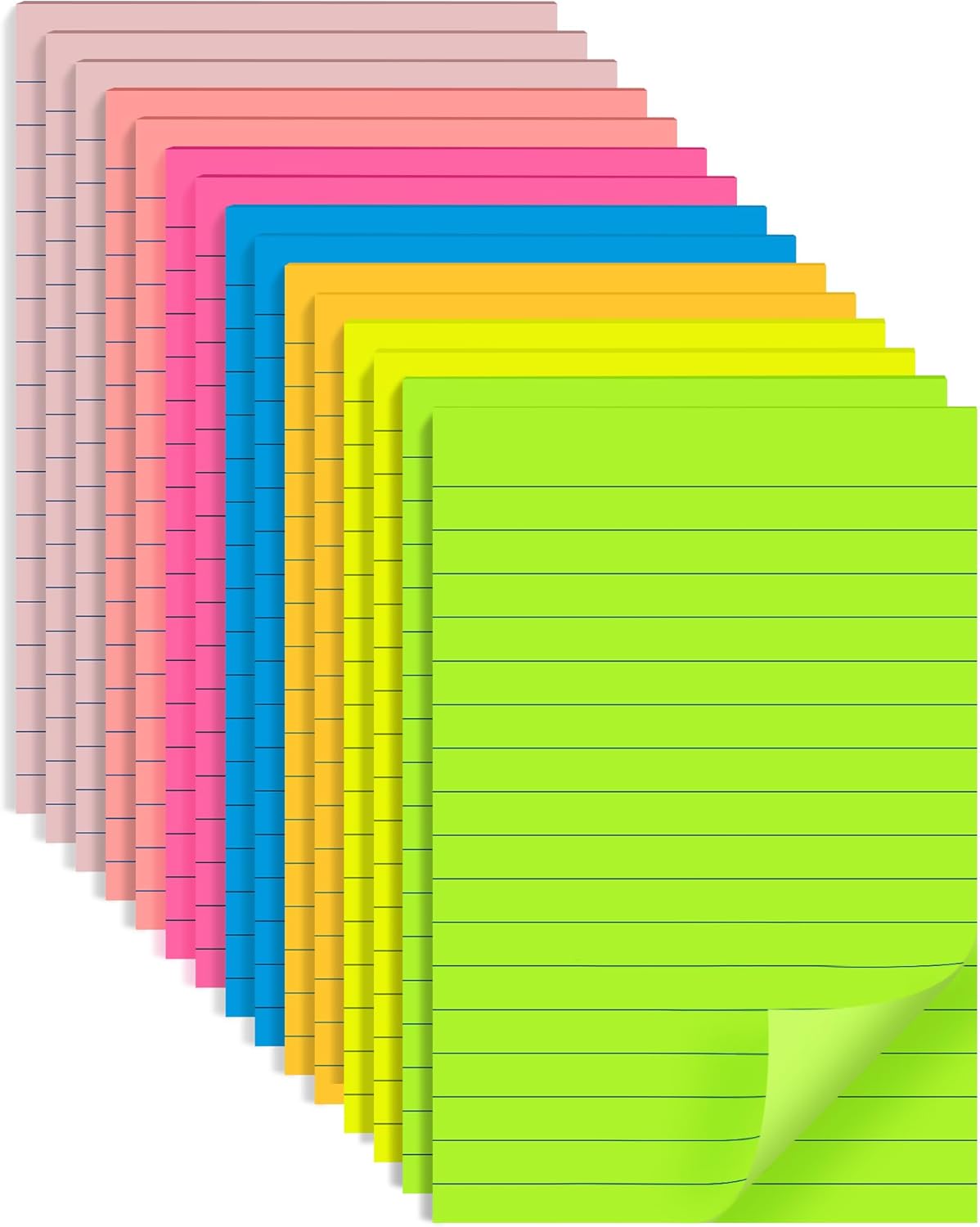 Post-It Lined Sticky Notes 4x6 in 7 Bright Colors with Strong Adhesive, Big Rectangular Pads for Office, Home, School