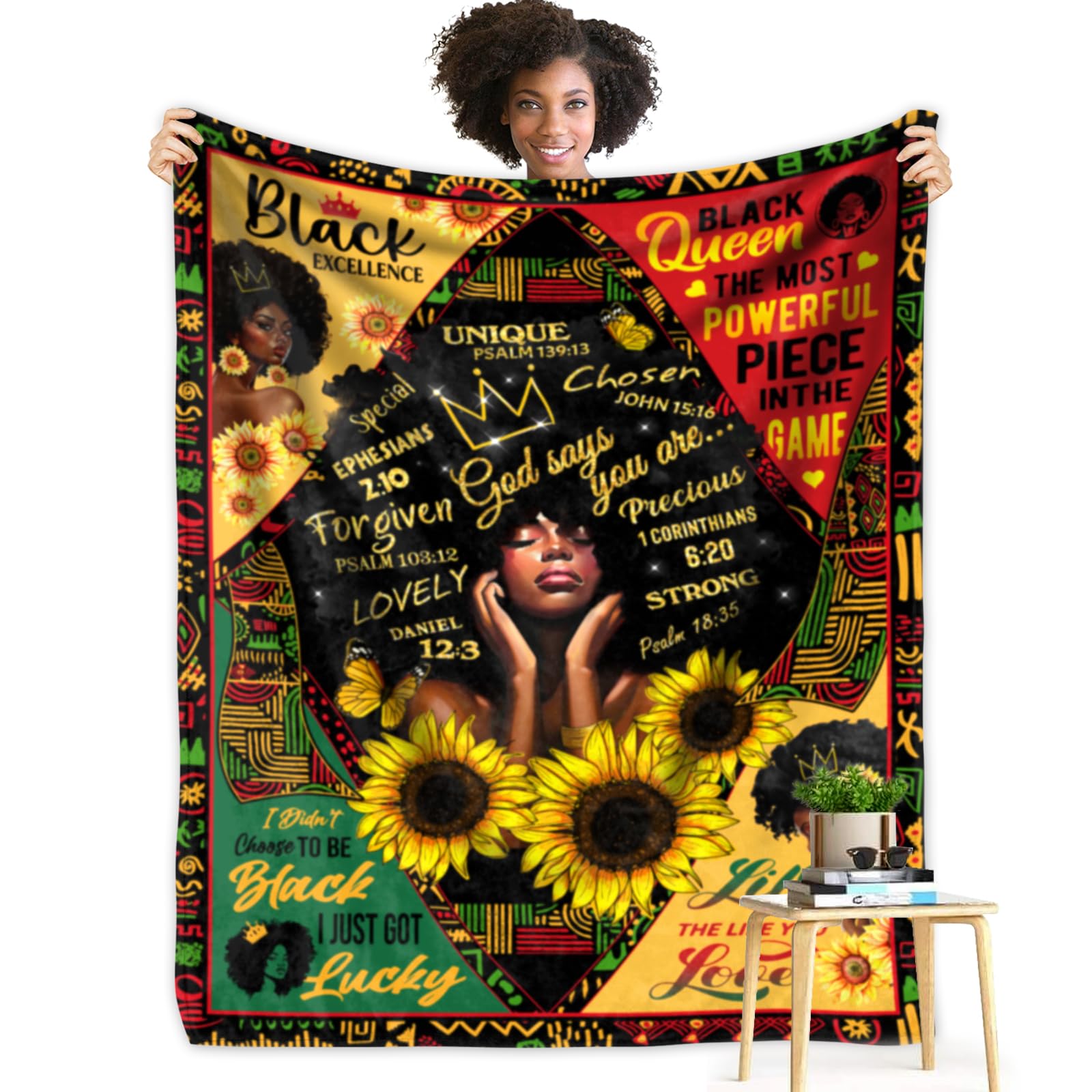 African American Blanket for Women Afro Black Girl Positive Throw Blanket African Women Gift Black Girl Print Flannel Blankets 50" X 60" for Women Kids Inspiring Positive Quotes Sofa Bed Birthday Gift