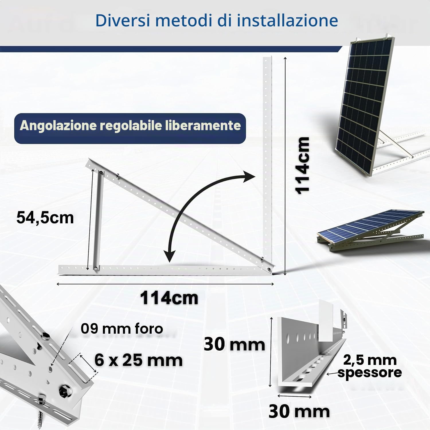 Supporto per pannello solare, 114 cm, 2 paia di pannelli solari, per pannello solare da 100 W e 500 W, angolo regolabile da 0 a 90°, per pannelli solari, per tetti