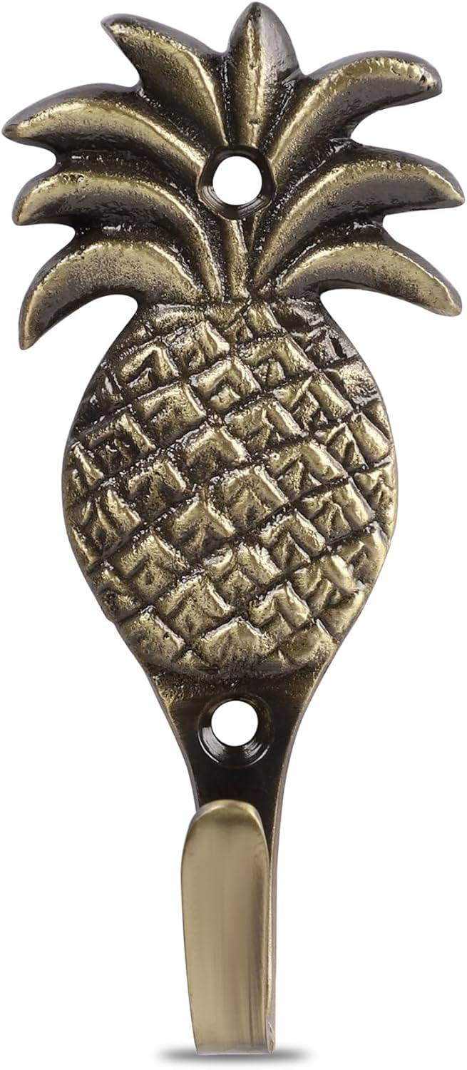 Multipurpose Hooks, Used to Hang Clothes, Bags, Coats, Curtain Hold Backs, Keys, Colour - Antique Gold, Material - Brass, Pineapple Design, Screws and Wallplugs Included, Pack of 4 Pieces