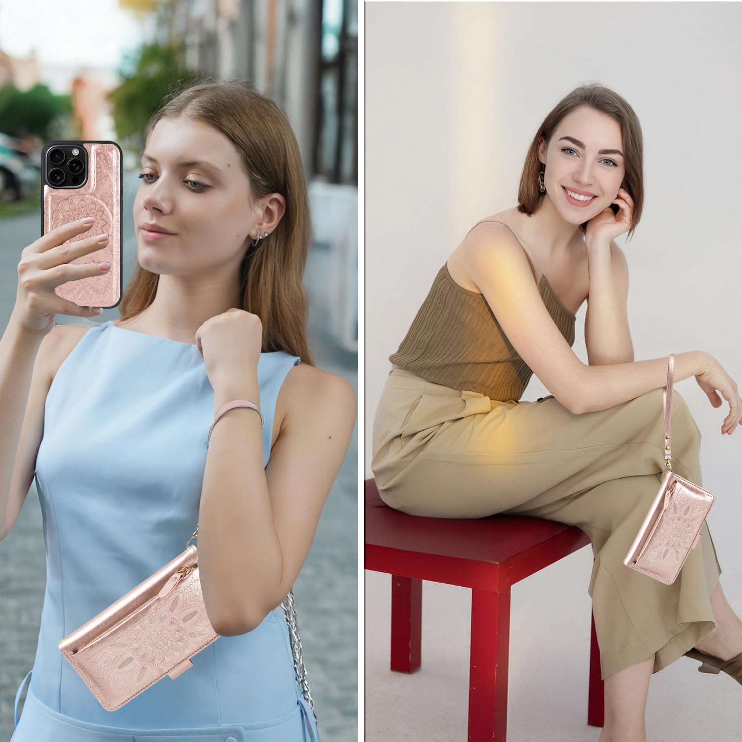 Harryshell for iPhone 15 Pro Max Detachable Magnetic Case Wallet,Compatible with Magsafe Wireless Charging, [ RFID Blocking ] Card Slots, Cash Zipper Pocket Wrist Strap (Floral Rose Gold)
