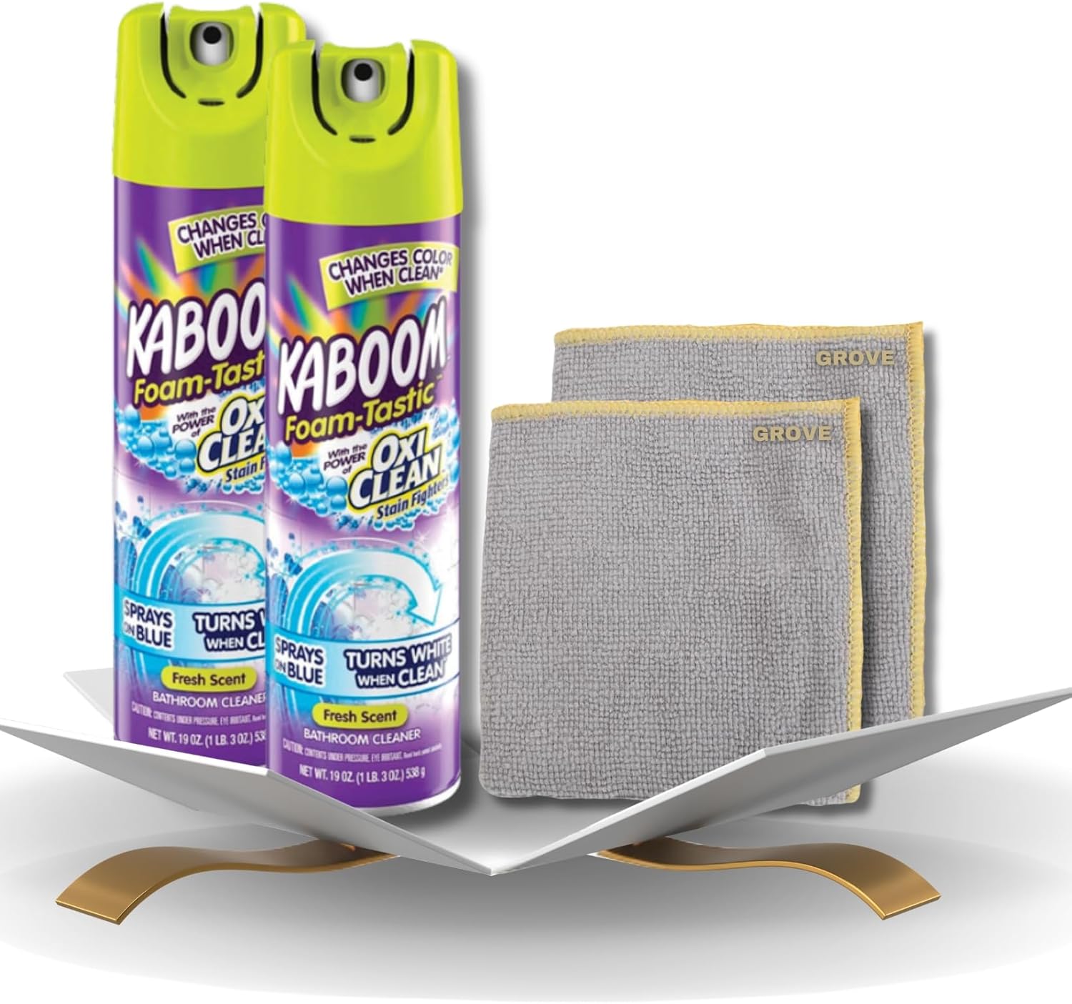 Kaboom Bathroom Cleaner 19 oz Bundle with Microfiber Cloth - Foam Bathroom Cleaner - Foaming Spray - Removes Soap Scum, Hard Water Stains - No Scrub - (4 Items)