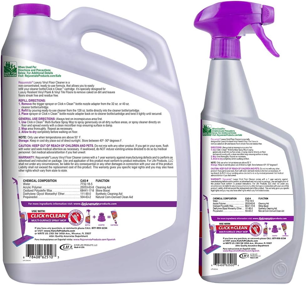 Rejuvenate High Performance Luxury Vinyl Tile Plank Floor Cleaner pH Neutral Formula Doesn't Leave Streaks or Dulling Residue (128oz + 32oz)