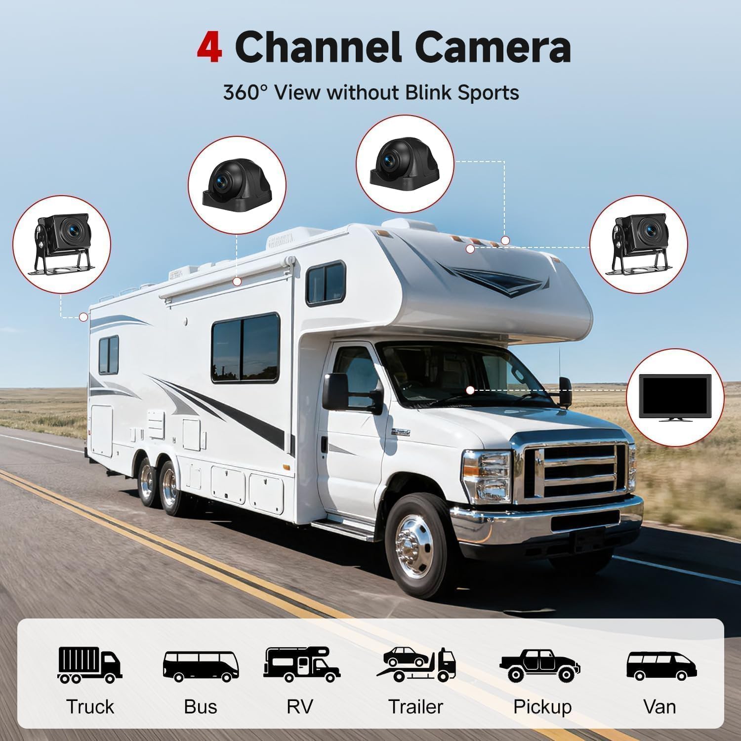 RV Backup Camera System - 10.1 Inch 4K Touchable 4 CH Monitor, 1080P IP69 Waterproof Wired Camera, DVR Loop Recording Bluetooth for Semi Truck Trailer Camper Pickup Bus