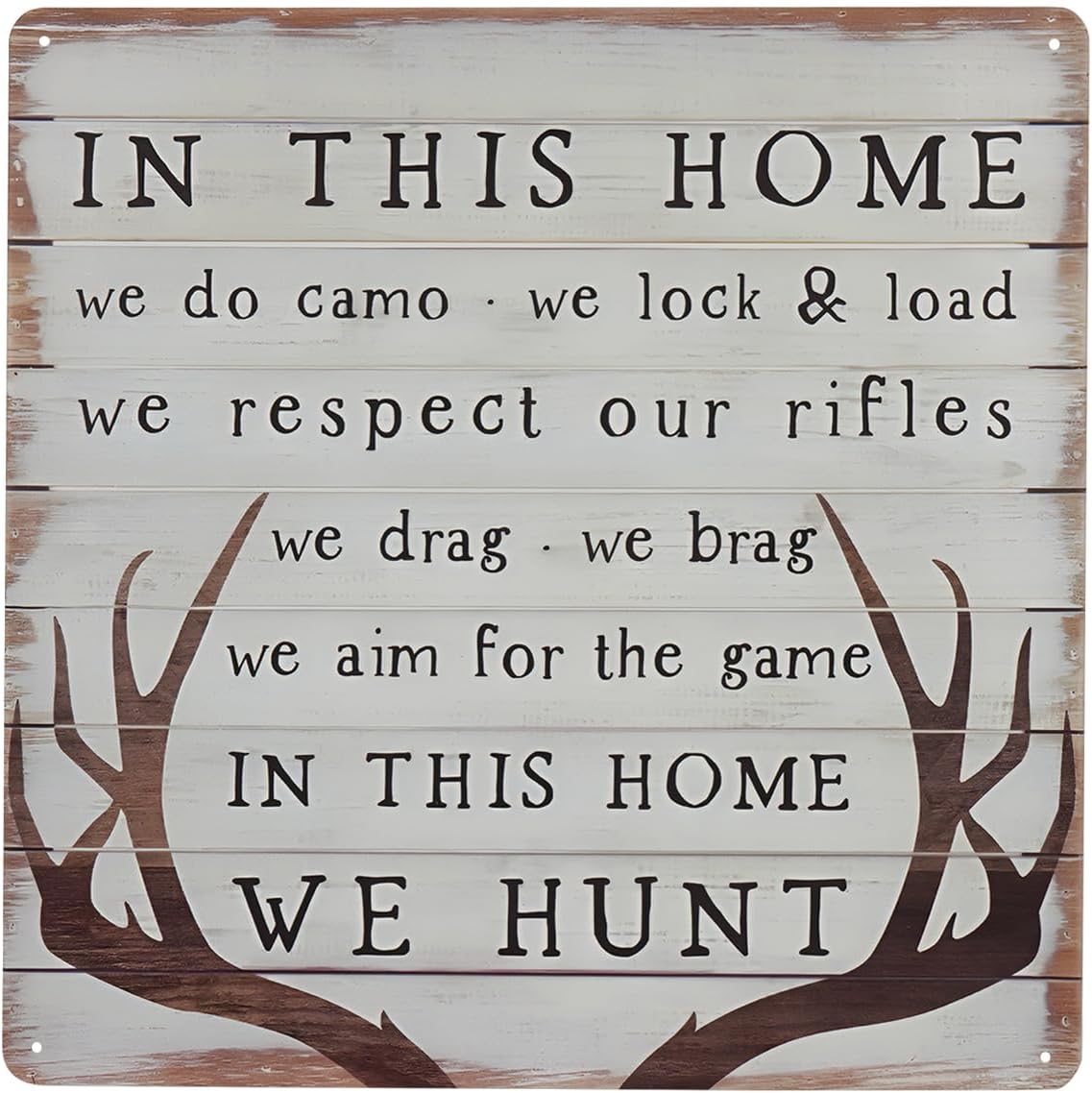 Rustic Hunting Decor Metal Sign, Distressed White Wood Look Tin Wall Art with Antler Design, Cabin Lodge Home Decoration