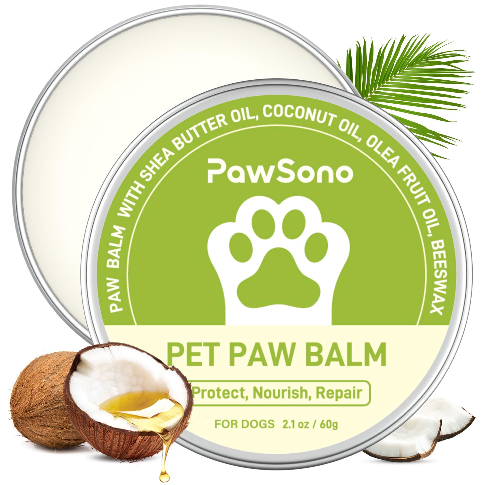 PawSono Pfotenbalsam Hund und Katze mit Kokosöl 60g | Sicher Ableckbar | 100% natürliche Pflege Pfotenpflege Nasenbalsam für Trockene, Rissige Nase und Pfoten | Hundepfoten Balsam Auch für Pferdehufe | Pfotenbalsam Hund und Katze mit Kokosöl 60g