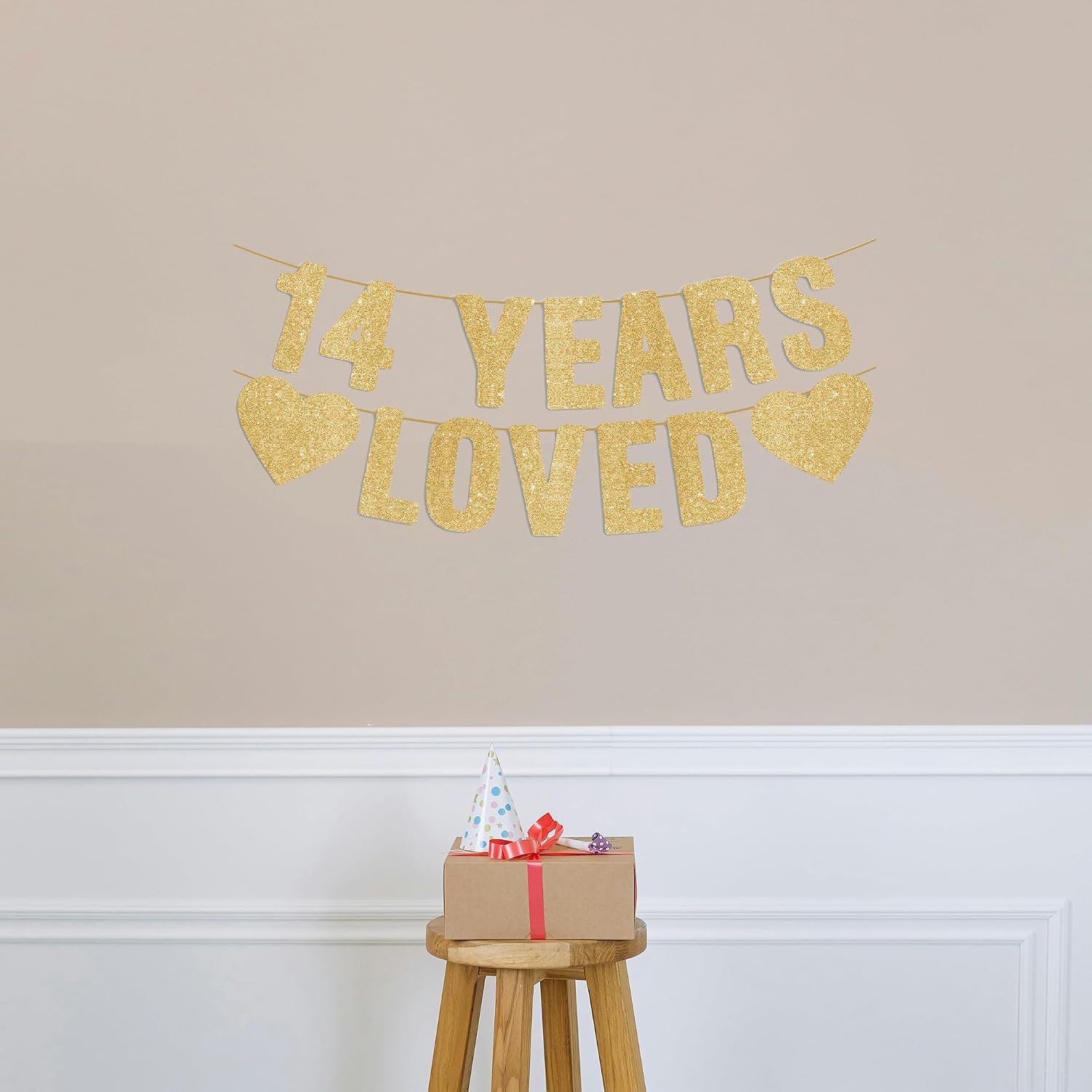 Pre-Strung 14 YEARS LOVED Gold Glitter Banner, Happy 14th Birthday Decorations for Girls, 14 Year Old Party Anniversary Decor Sign for Boys