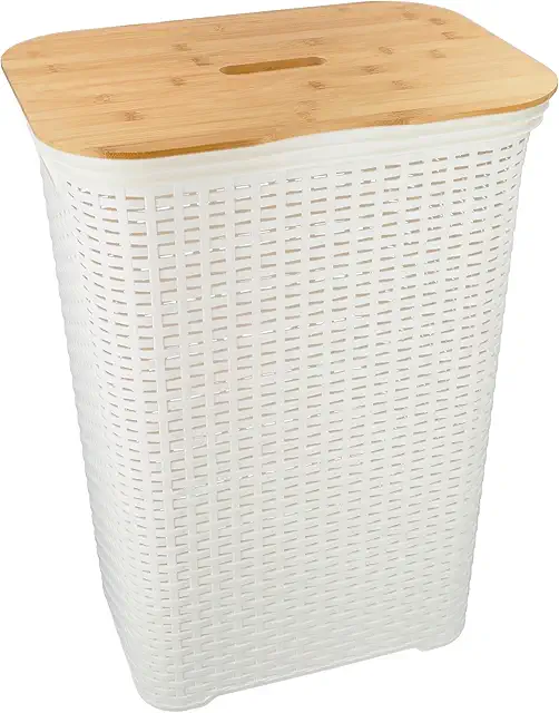 HRB Bamboo Rattan Laundry Basket with Lid, 65L Plastic Storage - White Bamboo