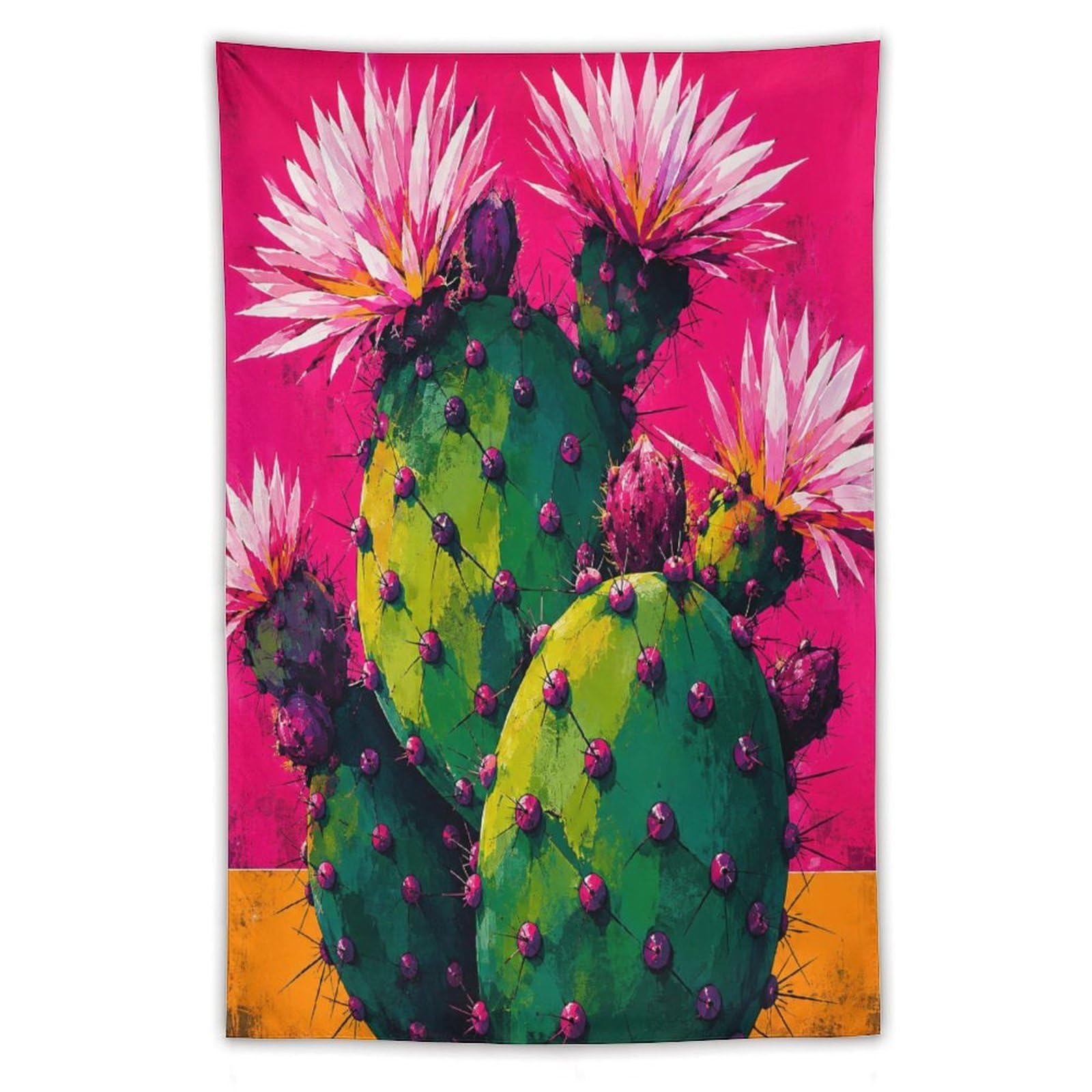 W7C8U2X3 Pink Cactus Flowers Wall Tapestry, Pop Art Color Blocks