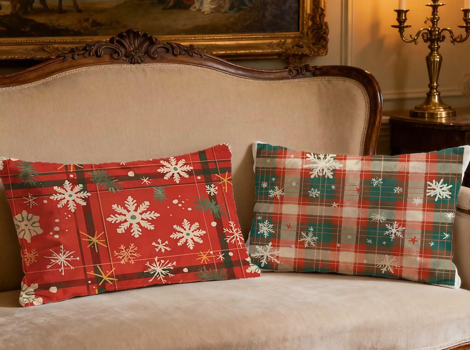 Housse de coussin 70x90cm lot de 2 en velours treillis de Noël géométrique