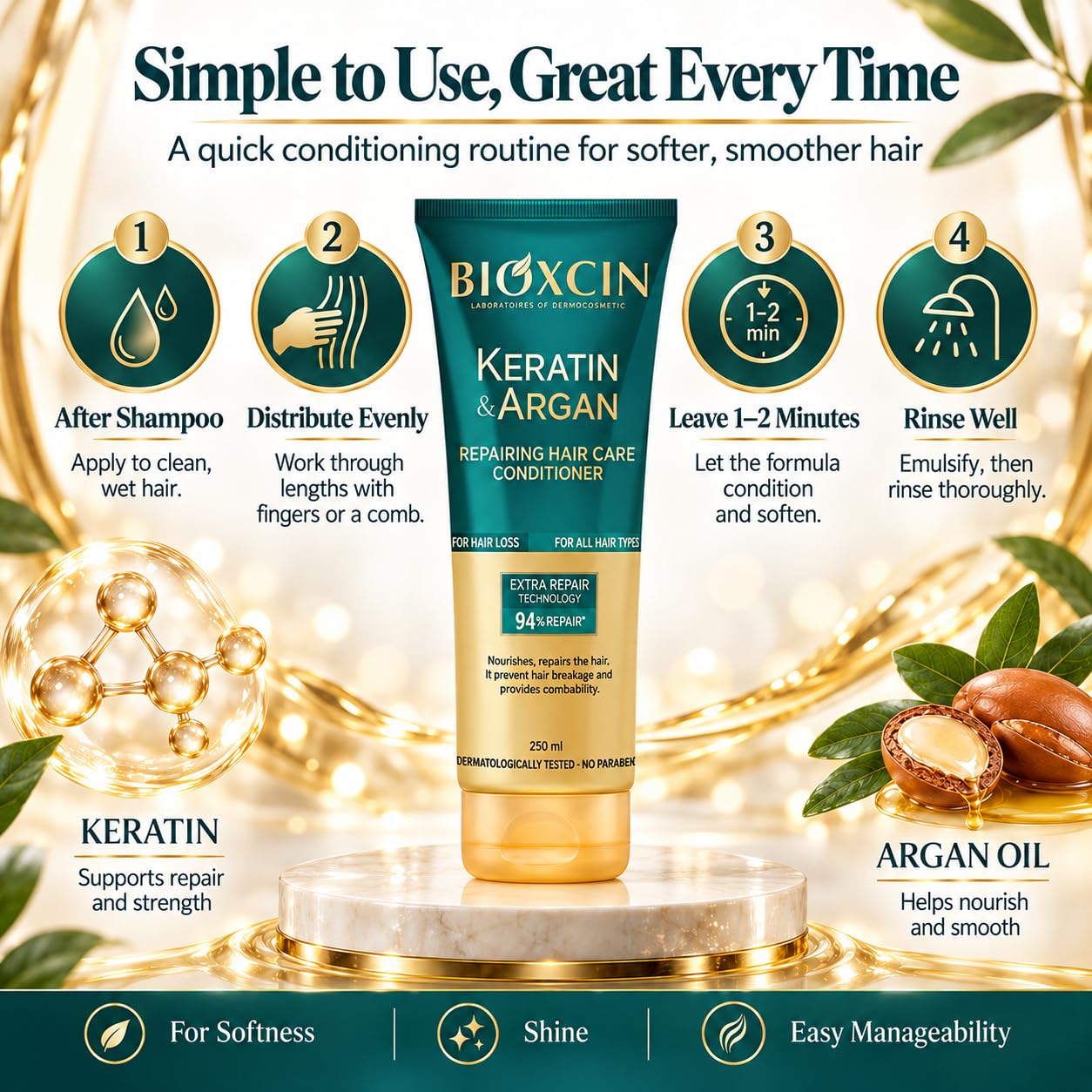 Bioxcin Keratin & Argan Repairing Hair Care Conditioner 10er Pack, je 250 ml, insgesamt 2.500 ml, Repair Conditioner für trockenes, geschädigtes & strapaziertes Haar