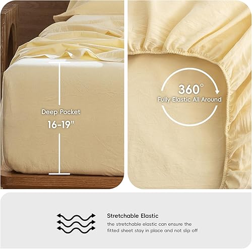 Miniatura 6 de MooMee Juego de sábanas 100% algodón lavado con textura parecida al lino transpirable duradero suave cómodo (jaspeado amarillo mantequilla, Queen)