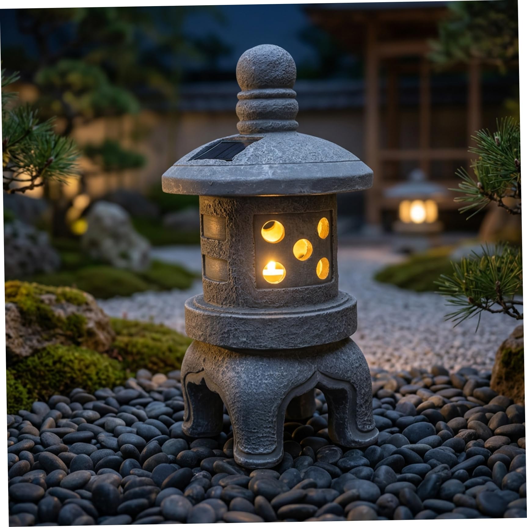 Lampada da pagoda solare per decorazioni da giardino giapponese, statua da giardino con pagoda con finitura in pietra per esterni con accensione/spegnimento automatico per patio