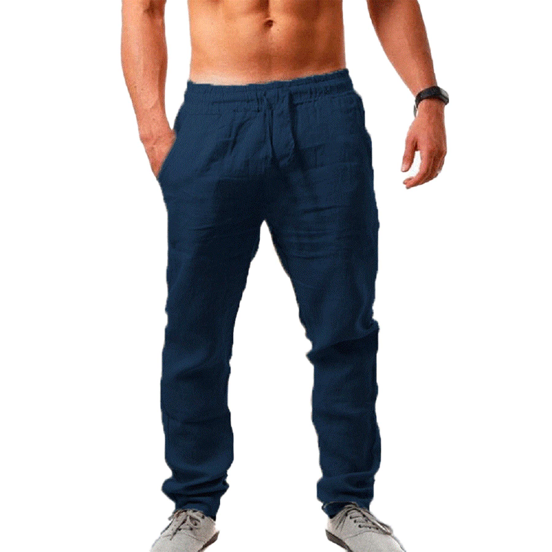 Vanvene, Pantaloni da uomo in lino dalla vestibilità comoda, casual, leggeri, con elastico in vita e coulisse, adatti per yoga e spiaggia
