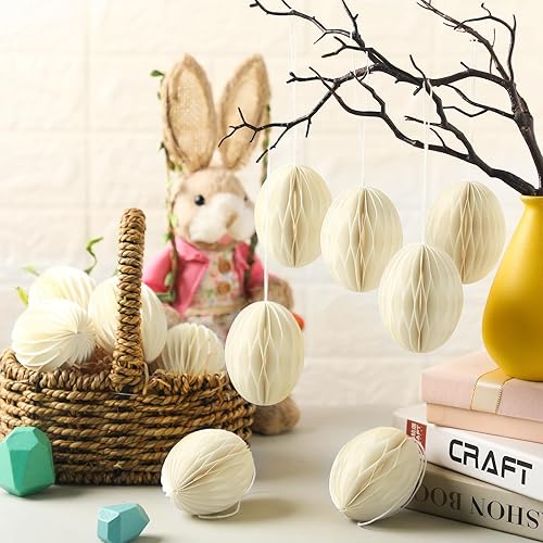Miniatura 3 de Tenare 24 piezas de adornos de huevos colgantes de Pascua, centros de mesa de panal de abeja 3D, pompones de papel de panal para guirnalda, fiesta