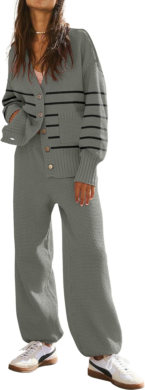 ETCYY NEW Women's 2 Piece Outfit Lounge Set Trendy Cardigan Sweater Pants Sets V Neck Button Pocket Knit Matching Loungewear