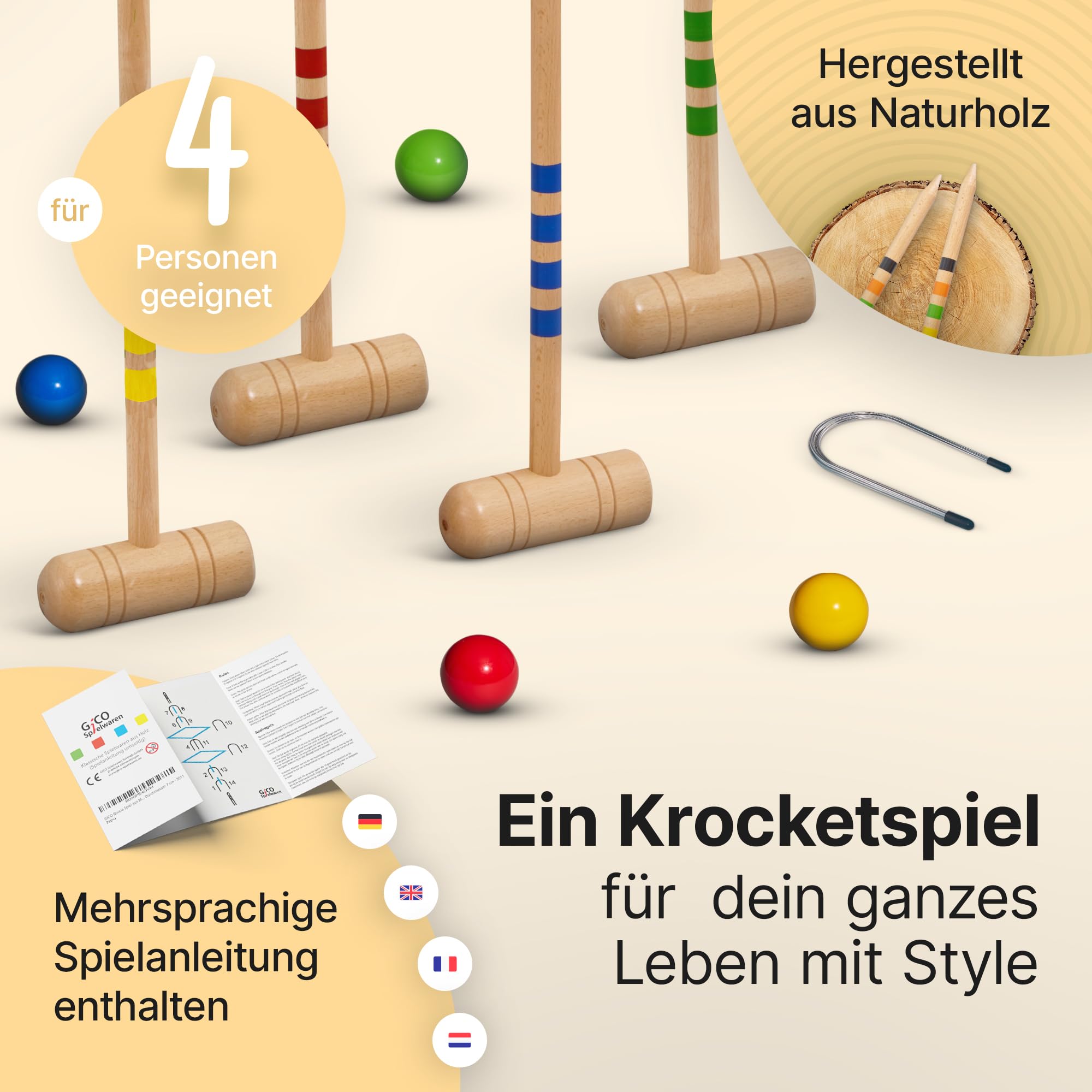 GICO Qualitäts Krocketspiel/Krocket/Crocket für 4 Spieler (100 cm Erwachsenengröße) mit Transporttasche - Spiel gut (Auszeichnung) - Made in EU-3244
