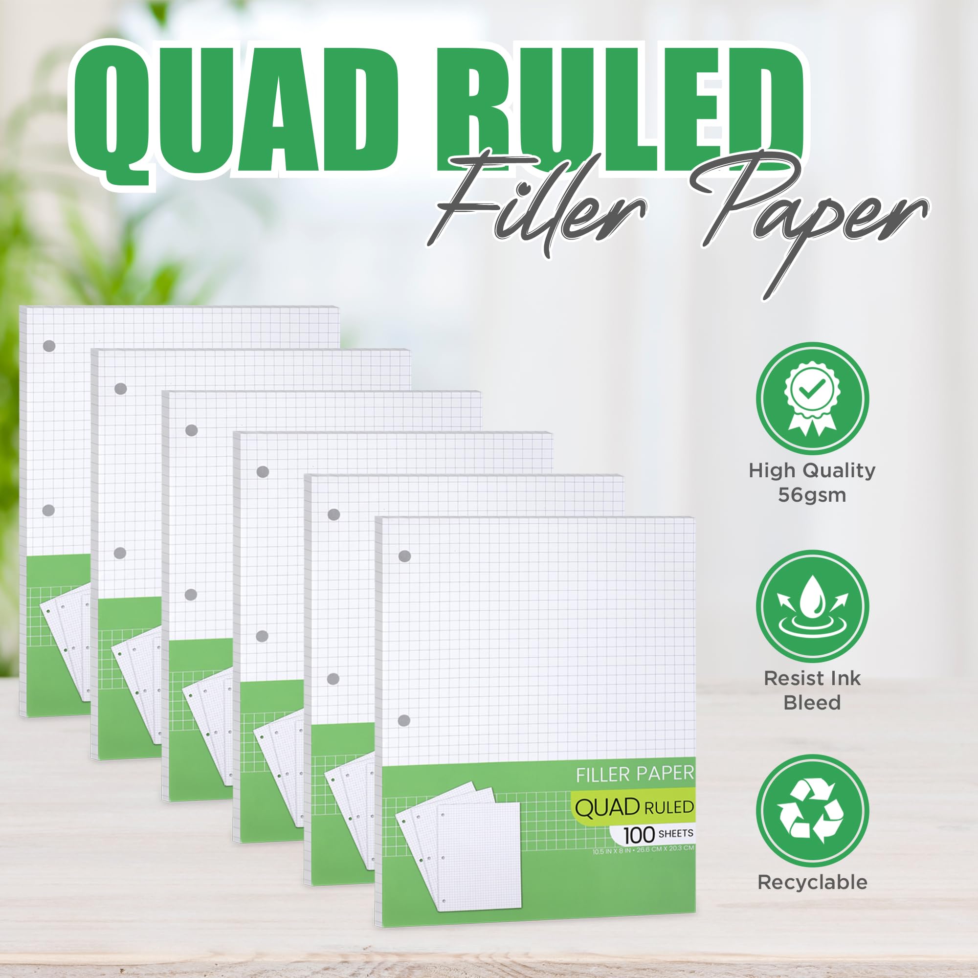 Papel cuadriculado, papel de relleno de hojas sueltas, 8 x 10.5 pulgadas, papel cuadriculado de 4 x 4, hojas sueltas perforadas de 3 agujeros para carpetas de 3 anillas, 100 hojas por paquete (paquete