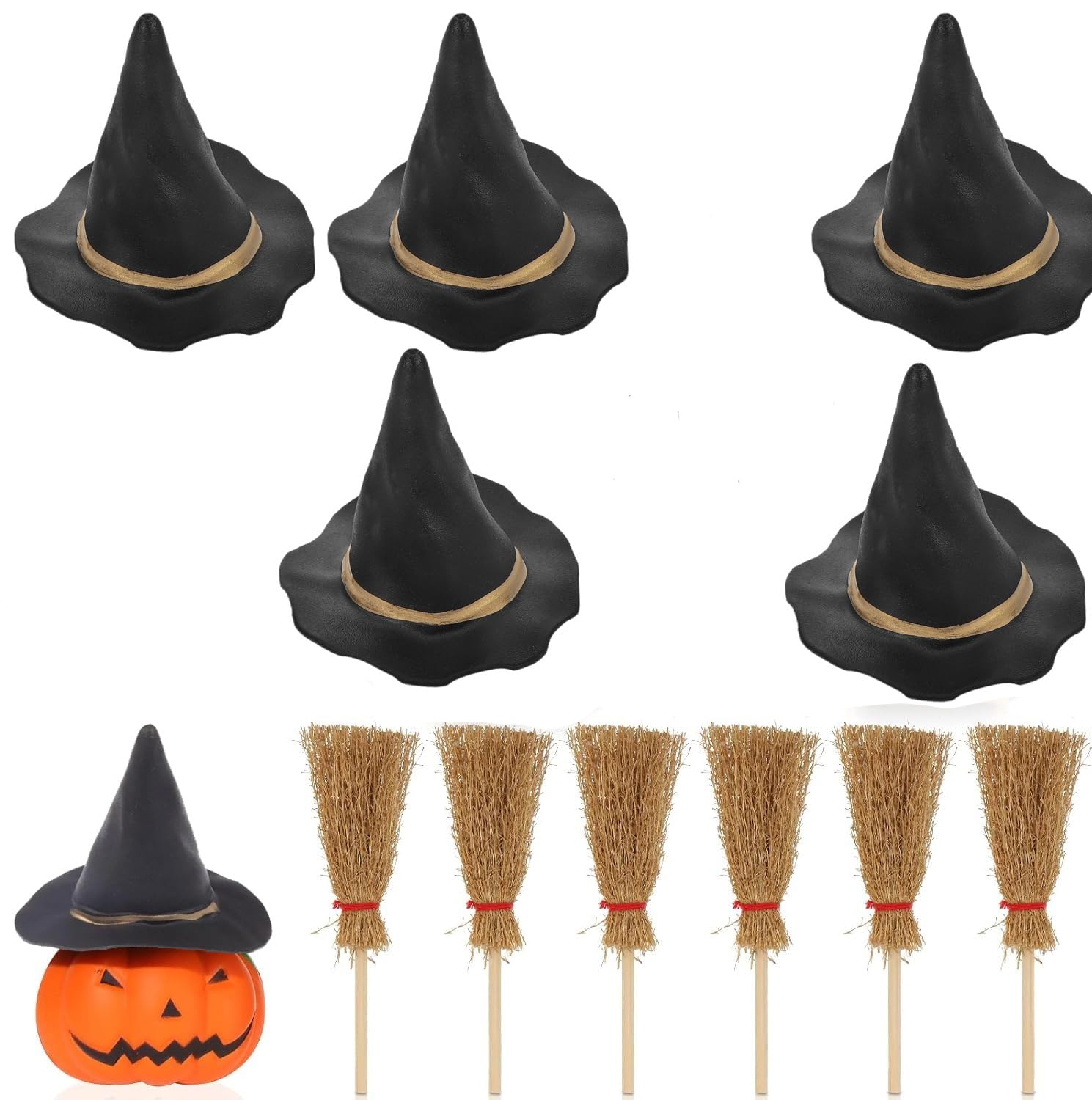 Yulun0328 Mini Witch Hats and Brooms- Set of 12 (6 Black Witch Hats + 6 Broomes Sticks), Witches Broom & Mini Hat for Crafts, DIY Party Favors, Halloween Decorations