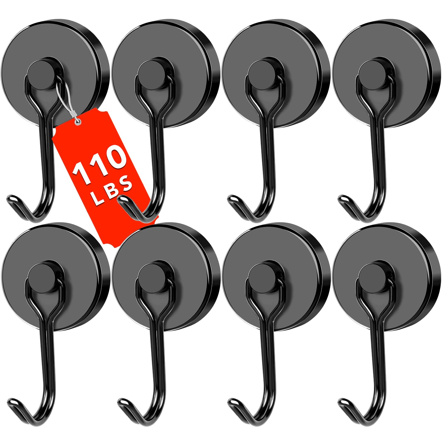 DIYMAG Black Magnetic Hooks, 110LBS Strong Magnetics Heavy Duty, Cruise Ship Essentials Magnets with Metal Hook for Hanging Refrigerator Home Kitchen Office, 8Pack