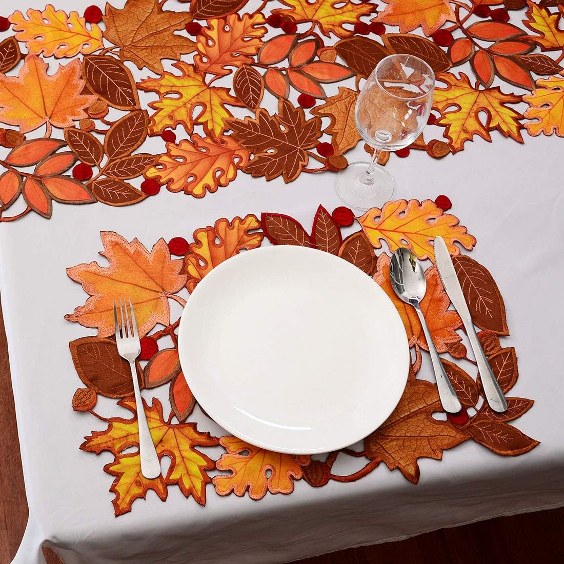 Simhomsen Set of 6 Embroidered Leaves Table Place-mats for Thanksgiving, Fall or Autumn Harvest Decorations 14 × 20 inches