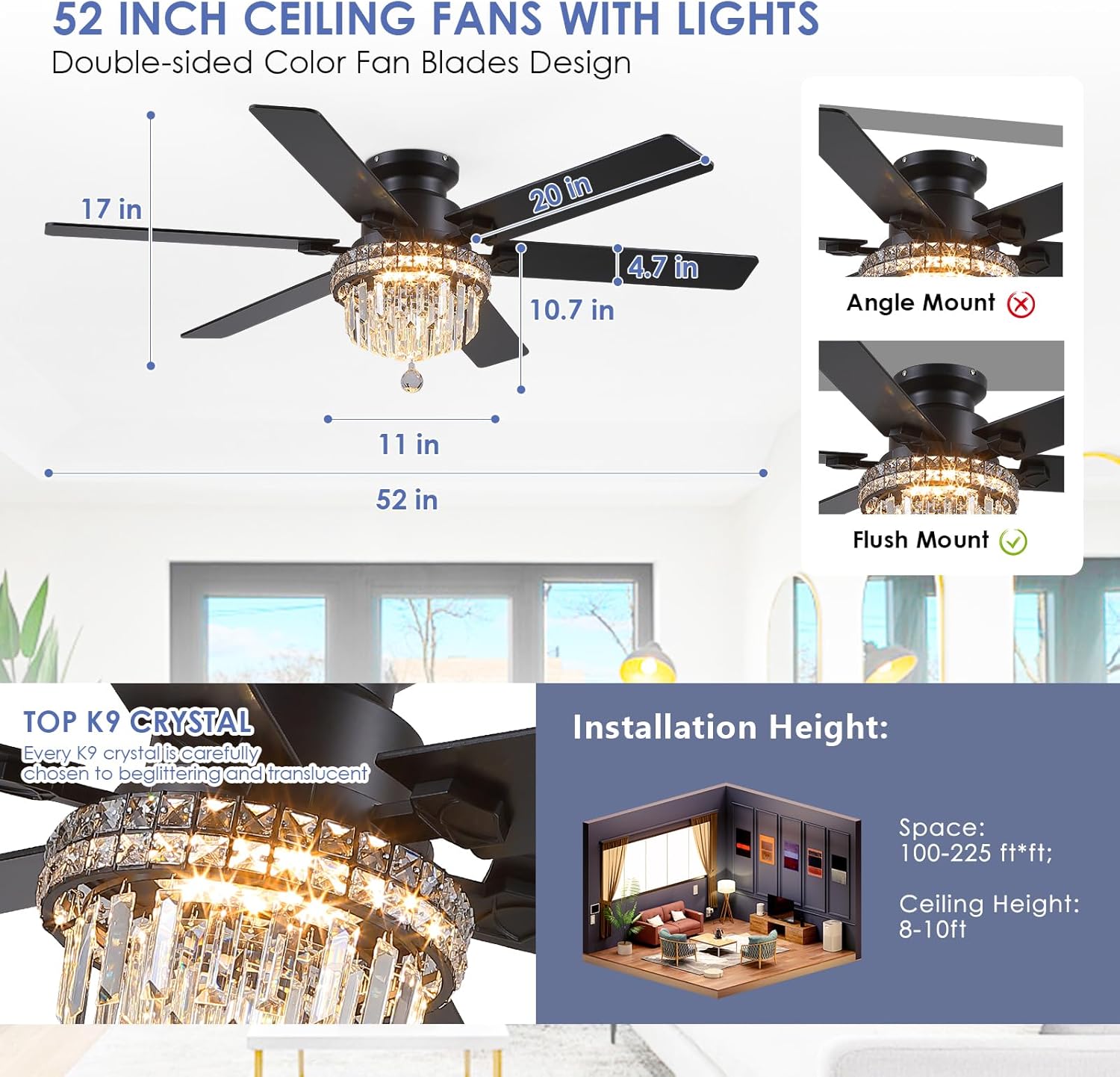 Diagram showing dimensions of the 52-inch ceiling fan and flush mount installation
