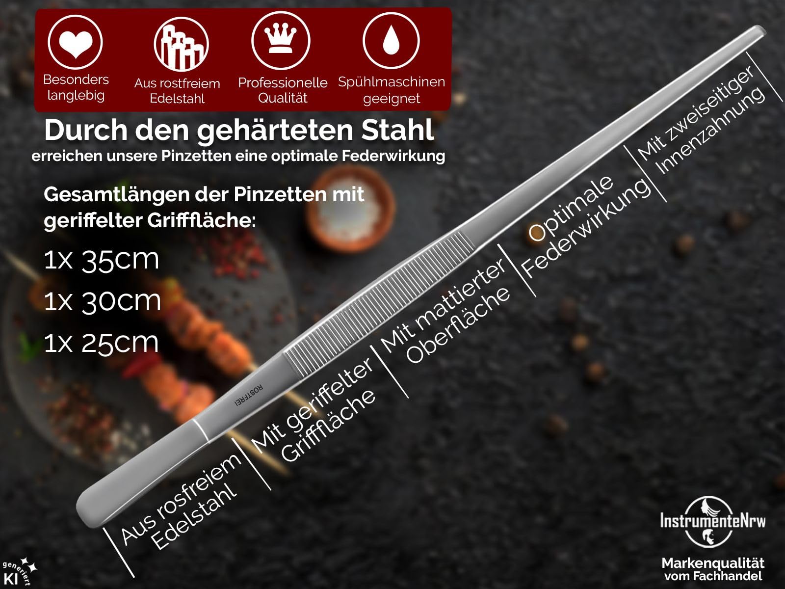Küchenzangen 5er Set Grillpinzette Kochpinzette Bratzange Küchenwerkzeuge | Gerade Grillzangen mit präzisen Spitzen und Innenverzahnung in verschiedenen Längen mit Etui