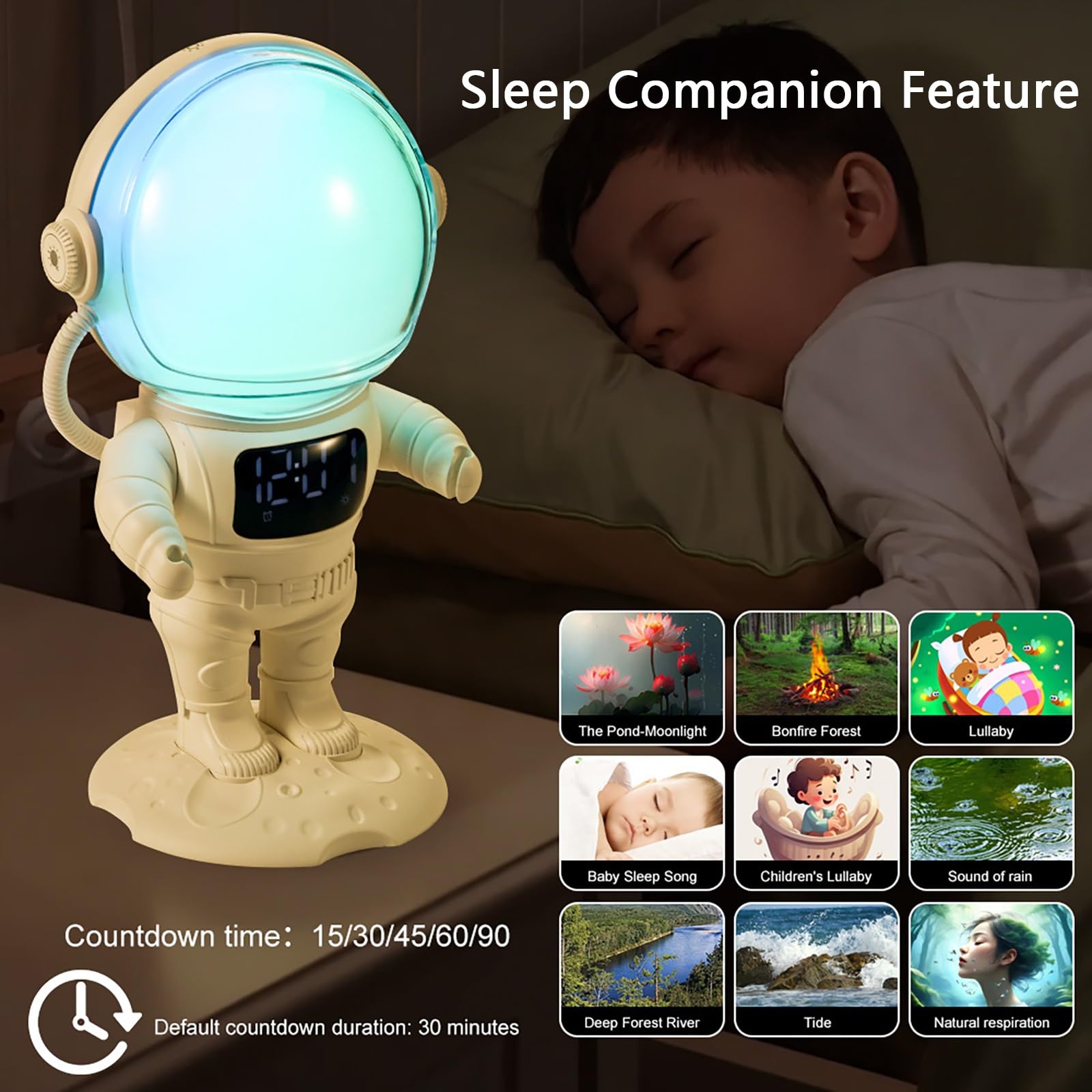Astronaut Wake Up Light Wecker mit Sonnenaufgangssimulation, Nachtlicht und 9 Beruhigenden Klängen, Sleep-Timer für Kinder und Erwachsene, Schlafzimmerdekor