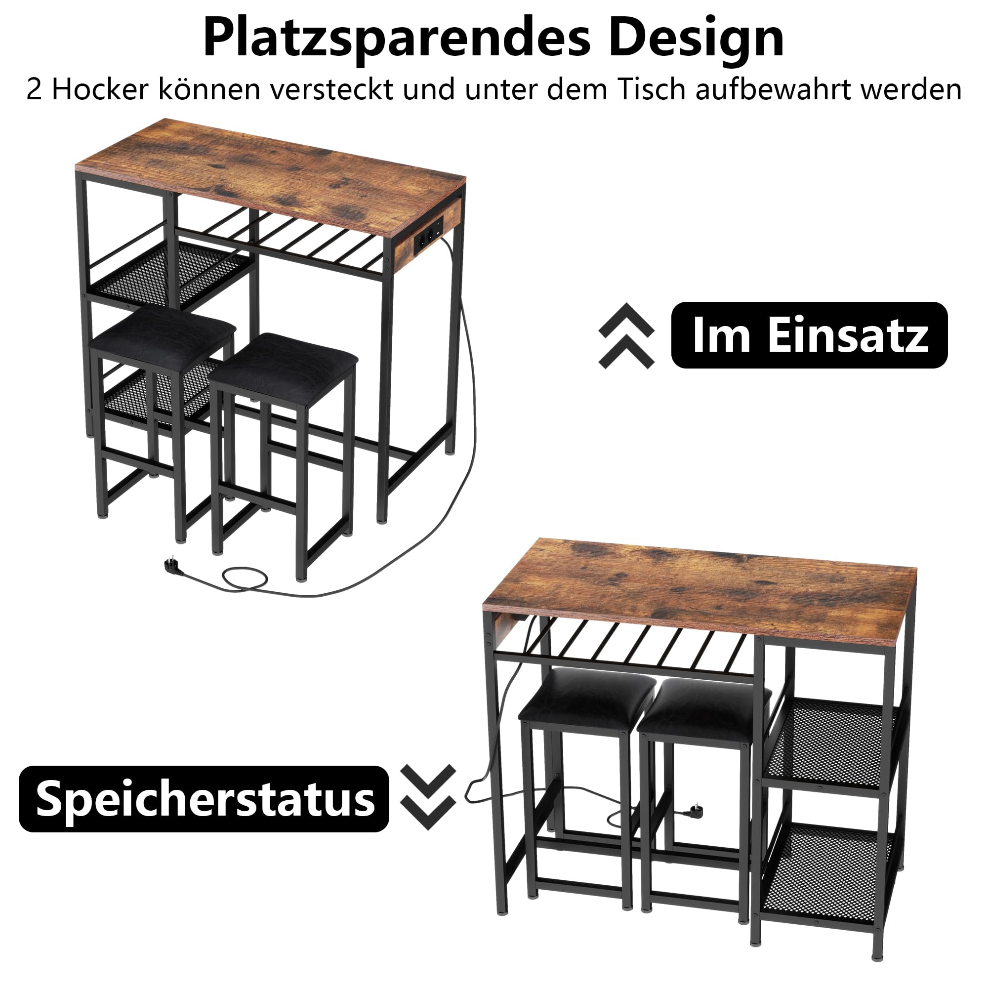 Gyfimoie Bartisch mit Barhocker Set, Stehtisch mit 2 Barhockern und Ladestation, Esstisch Set mit 2 Seitenregalen, Stahlgestell, Industrie-Design, Küchentisch für Esszimmer, Küche, Wohnzimmer