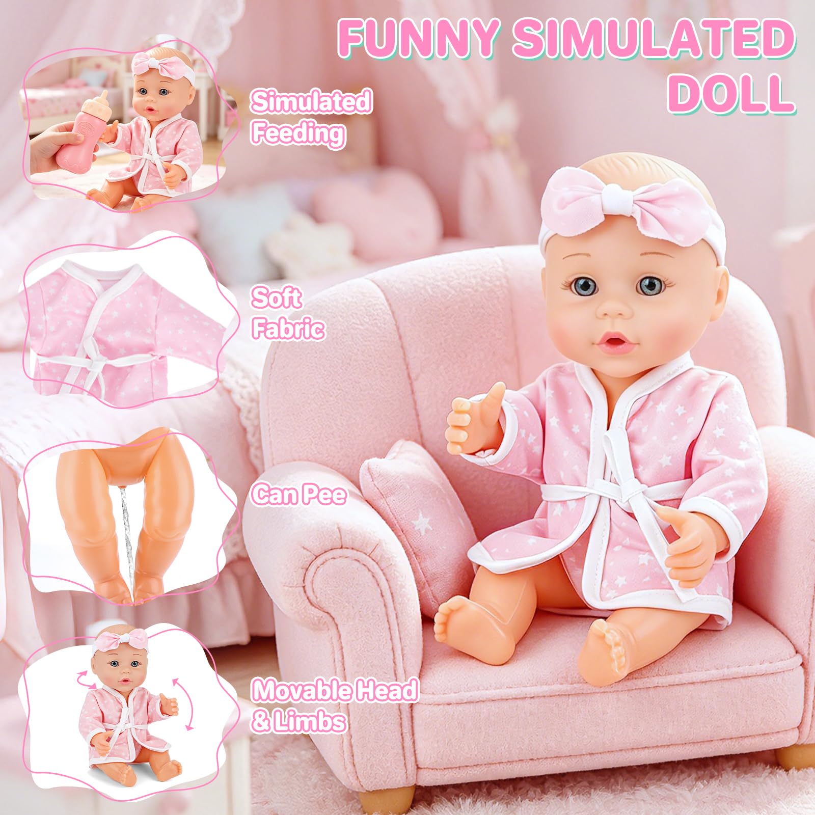deAO Bambola con Vasca da Bagno, Vasca Doccia Funzionante | Set di Bagno Bambola, 30cm Bambolotto Bambina con Accessori Igiene e Vestiti, Regalo Compleanno Natale per Bambine 3+ Anni