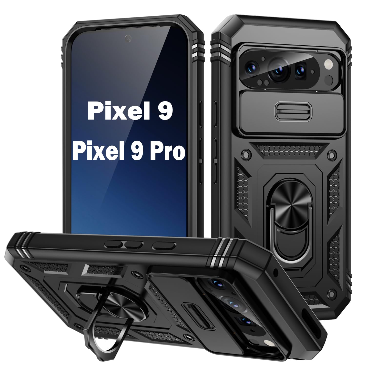 PASNEW for Pixel 9/9 Pro Phone Case,360° Rotating Ring Kickstand Case & Slide Camera Cover,Military Heavy Duty Full Body Hard Shell Shockproof,Pixel
