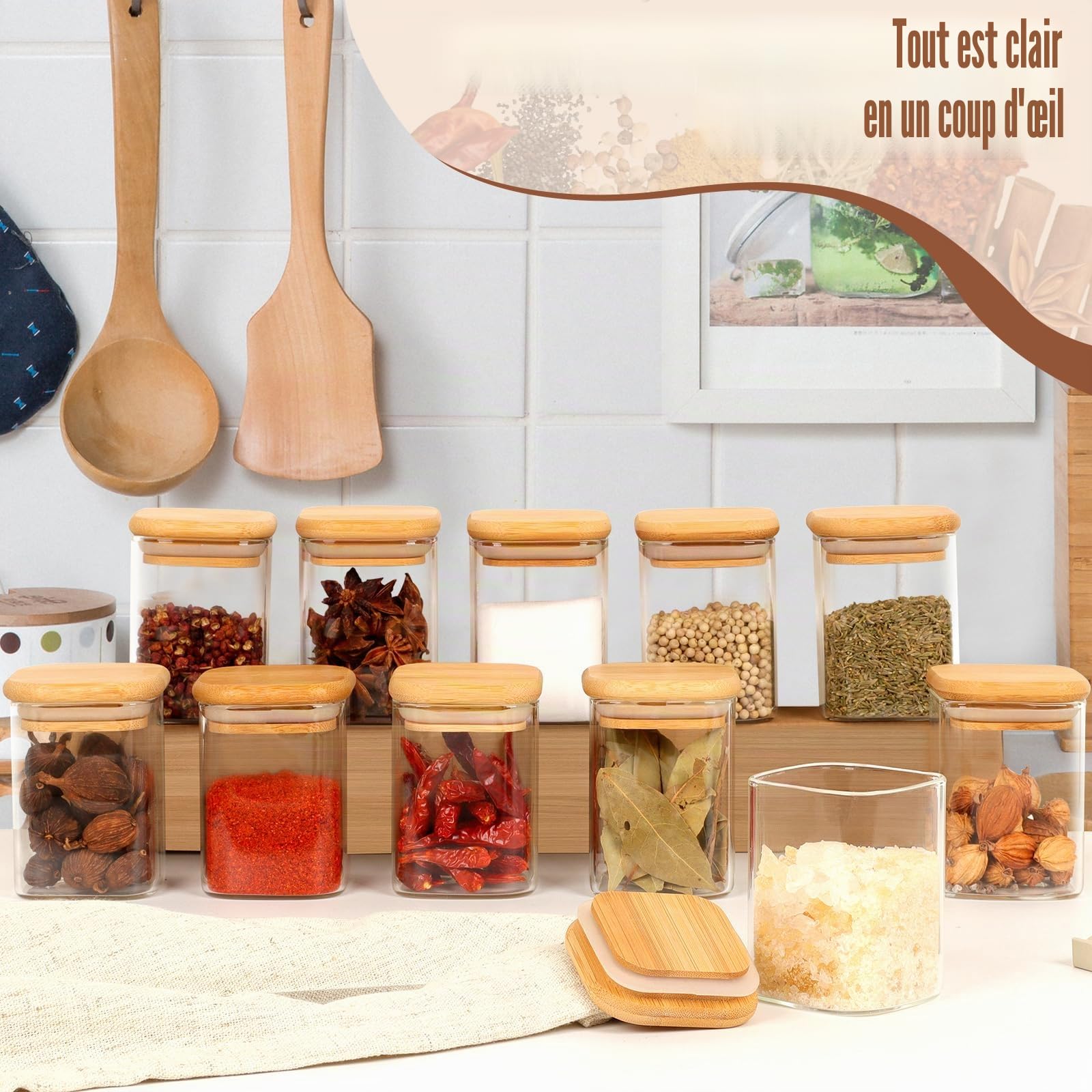 Solvant Lot de 12 Pot a Epices CarréS 200 ml HerméTiques avec Couvercle en Bois, pot Epices Verre, RéCipient à éPices, Ensemble de pots à éPices, Stockage d'éPices, Shaker à éPices, Stockage d'éPices