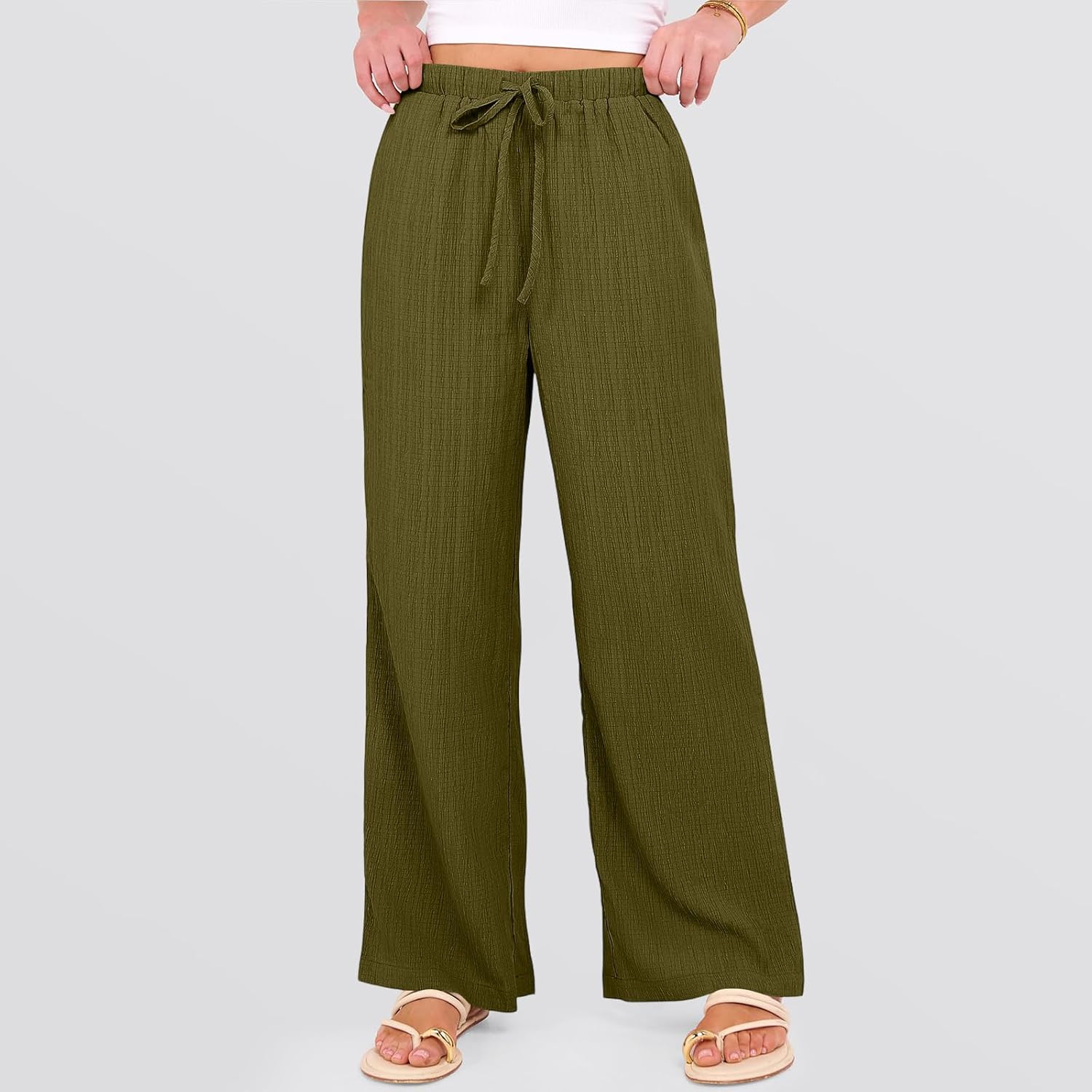 Womens Linen Pants Wide Leg Beach Pant Elastic Waist Lightweight Casual Flowy Palazzo Lounge Trousers with Pocket