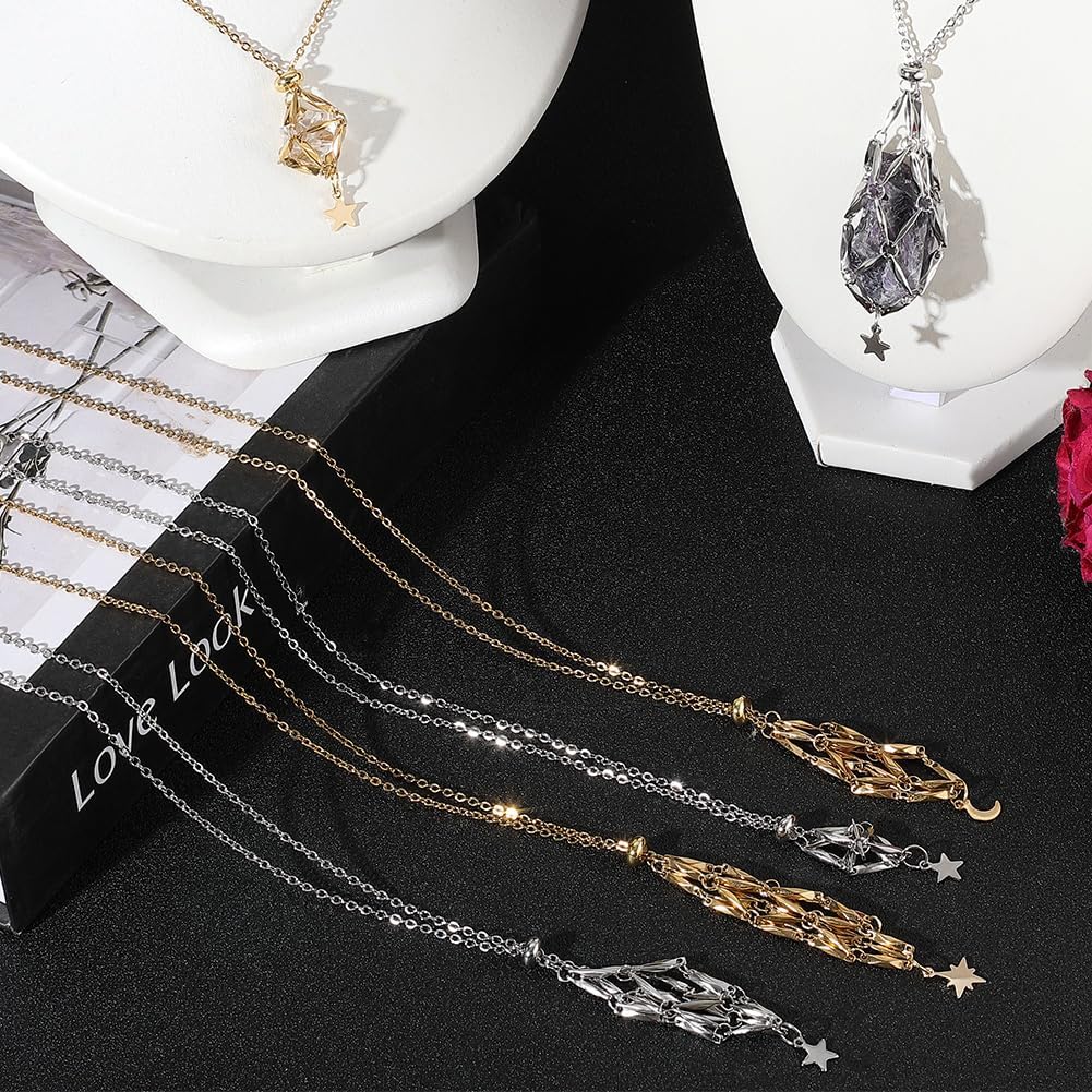 SUNNYCLUE 1 Box 6pcs 3 Styles Crystal Stone Holder Necklace Stone Cage Necklace Metal Stainless Steel Golden Silver Interchangeable Empty Gemstones Moon Star Cords for Jewelry Making Adults DIY - Image 6