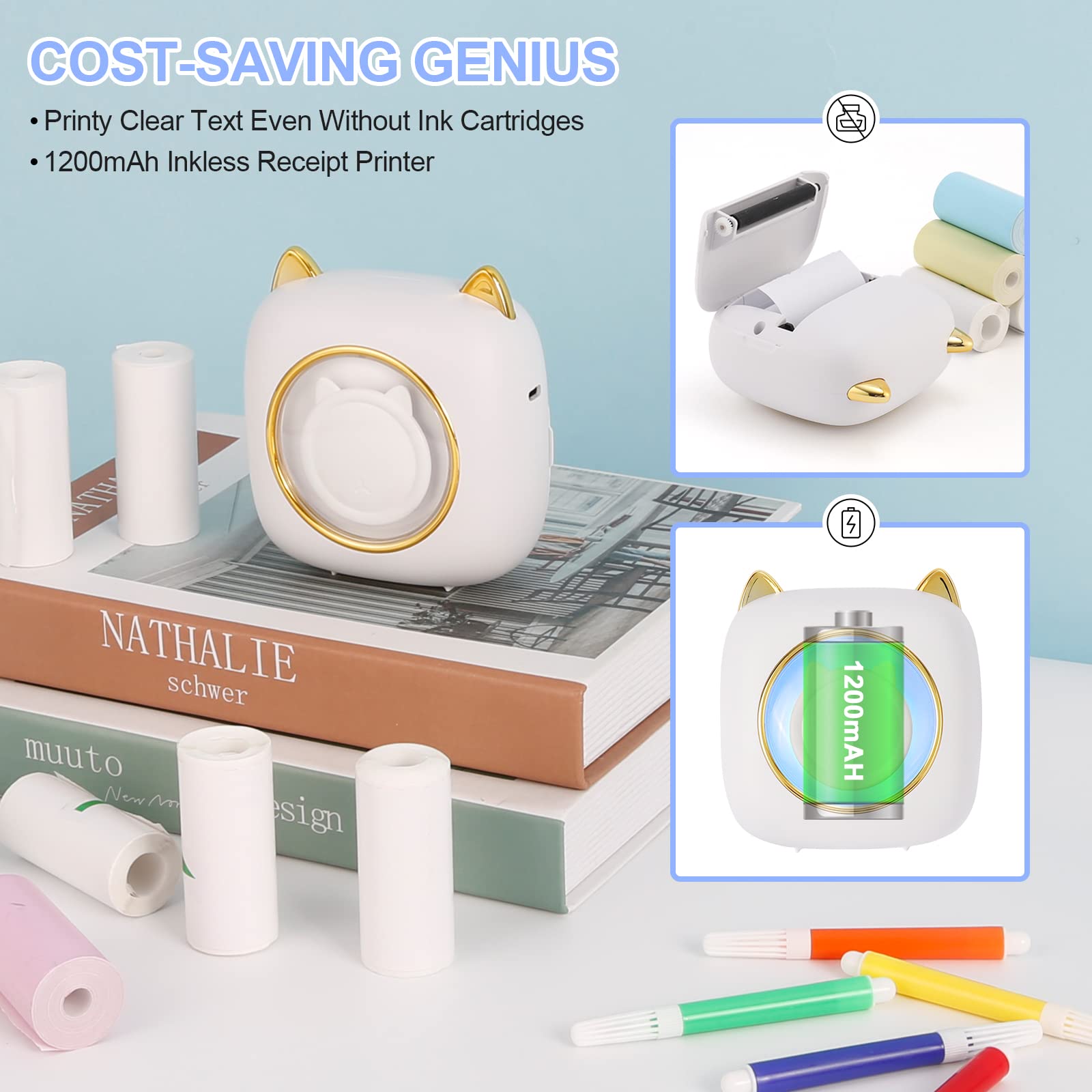 GuKKK Mini drukarka, mobilna drukarka fotograficzna, przenośna, mini drukarka fotograficzna z siedmioma kolorami LED, bezprzewodowa drukarka fotograficzna, drukarka termiczna do smartfona, drukarka
